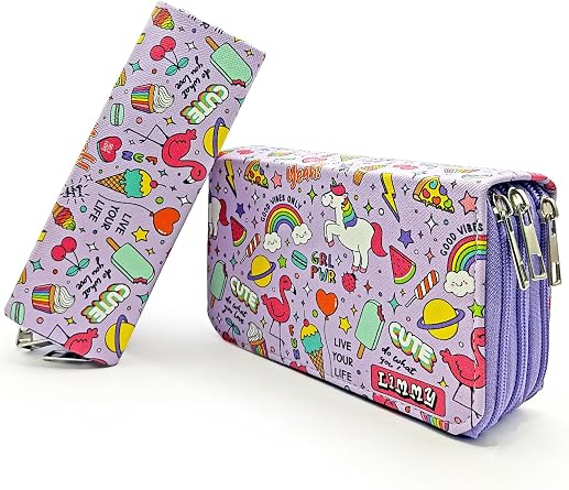 Limmy Pencil Case Unicorn-Flamingo Kawai Organizer Pencil Case Vegan Leather Three-Part Pen Holder -Purple