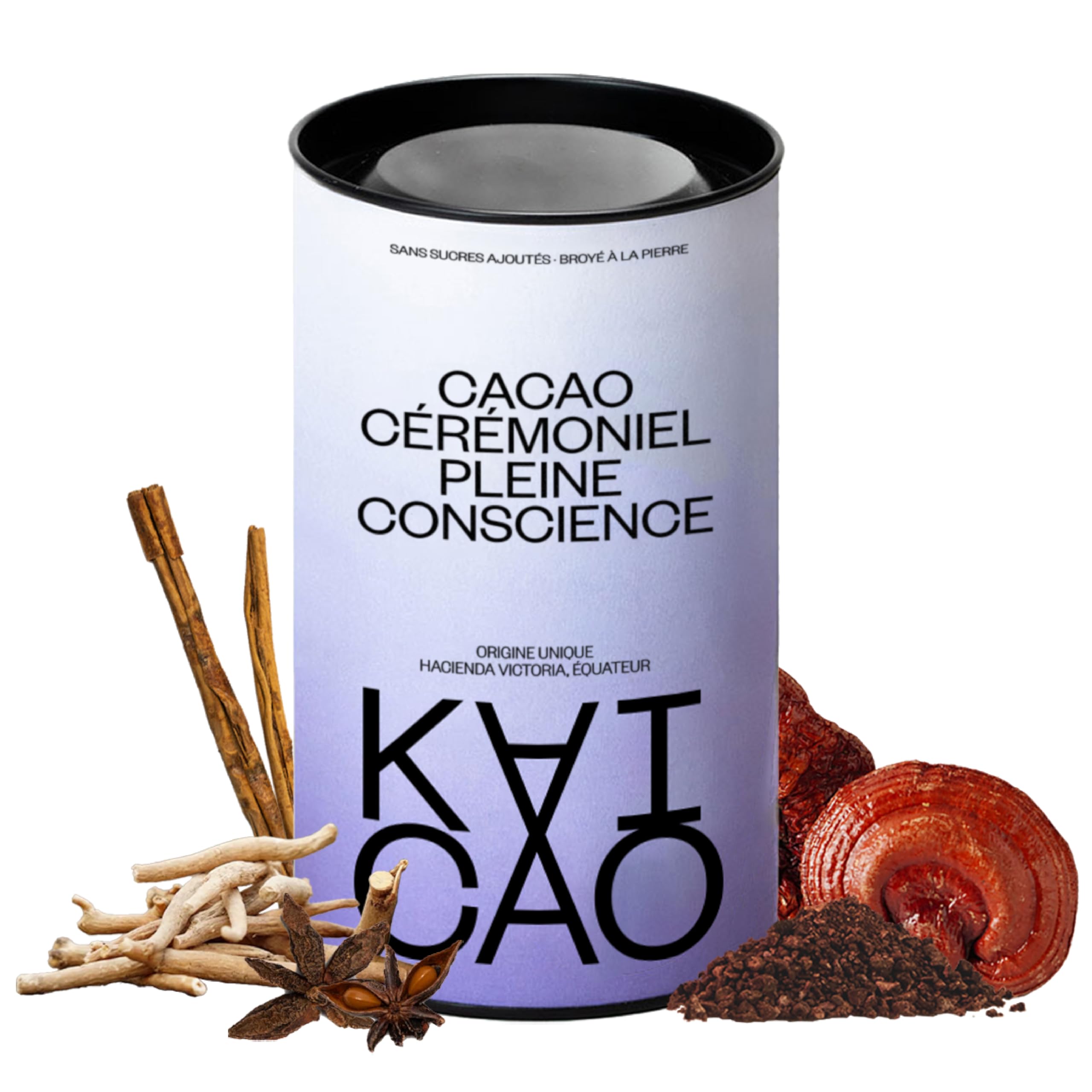 Kaicao Cacao Cérémoniel Pleine Conscience avec Reishi et Ashwagandha - Cacao Pur Broyé en Poudre, origine Équateur – Sans Sucre, Végétal, Sans Gluten, Régime Keto - 200g