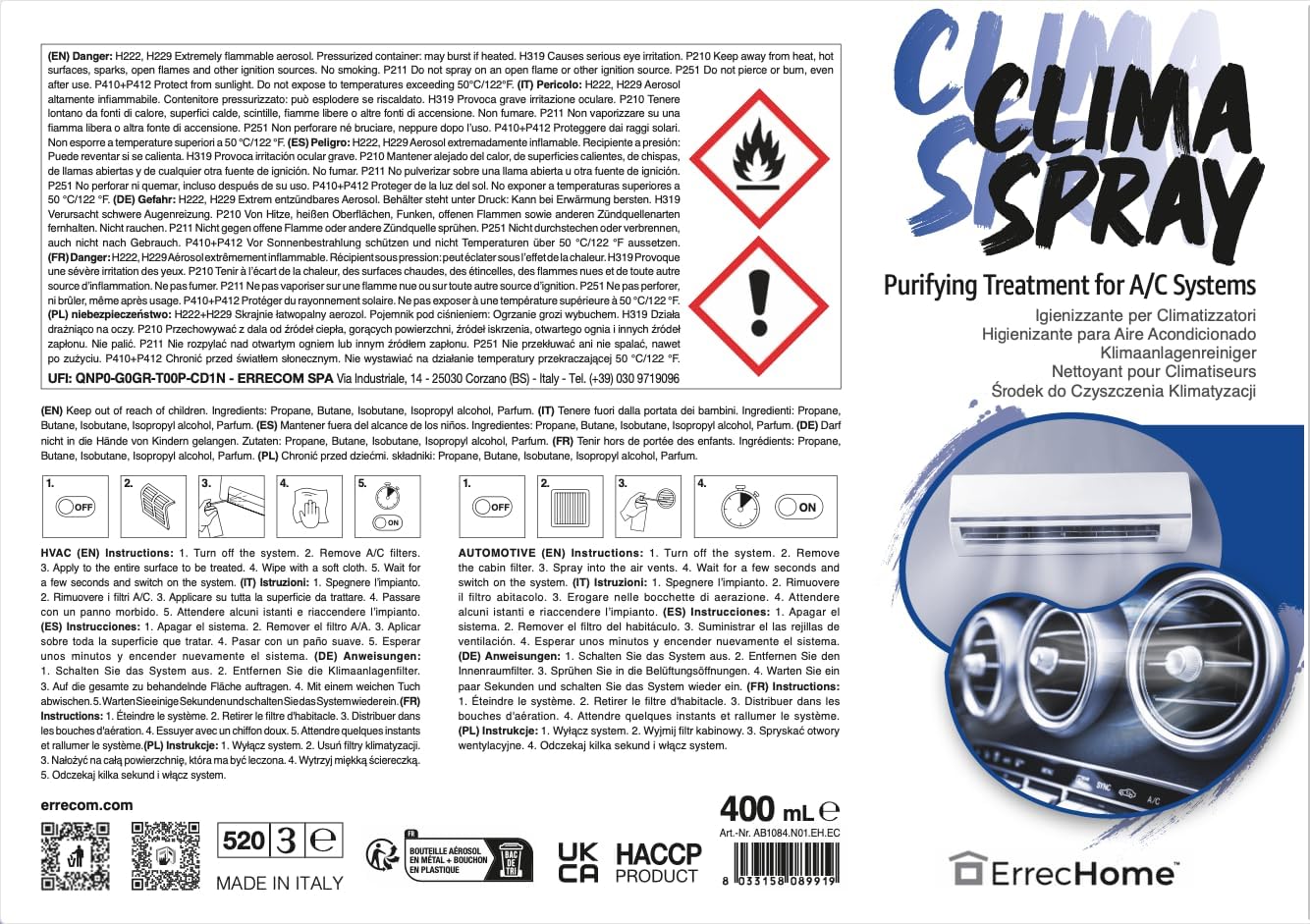 ErrecHome Evaporator Cleaner, Pulitore per climatizzatore, 400 mL, Il pacchetto può variare