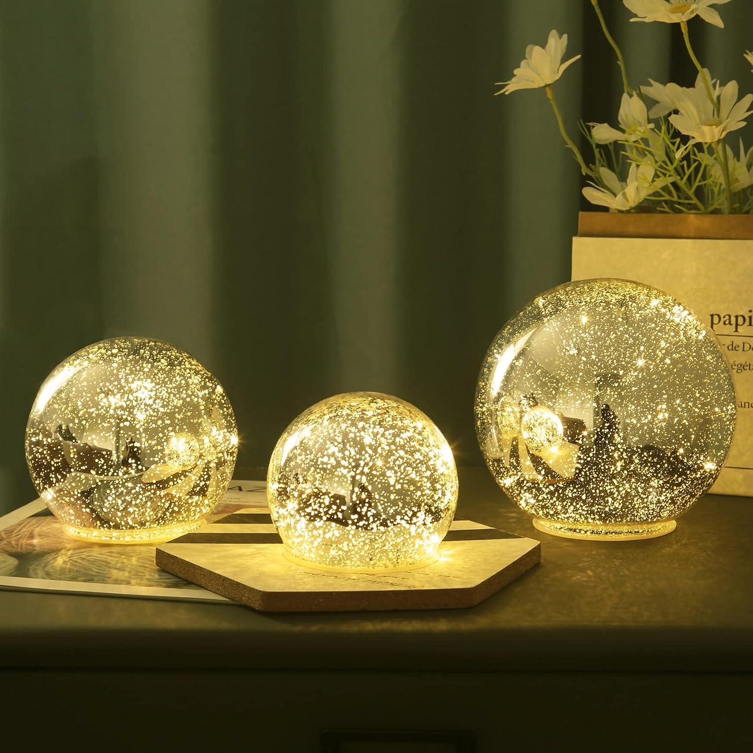Mercury Glass Ball Lamp with Timer, Silver Cordless Glass Orb Christmas Decor Globe Led Table Light, Modern Light Up Battery Operated Sphere Night Light for Home Bedroom Indoor Decor, Small