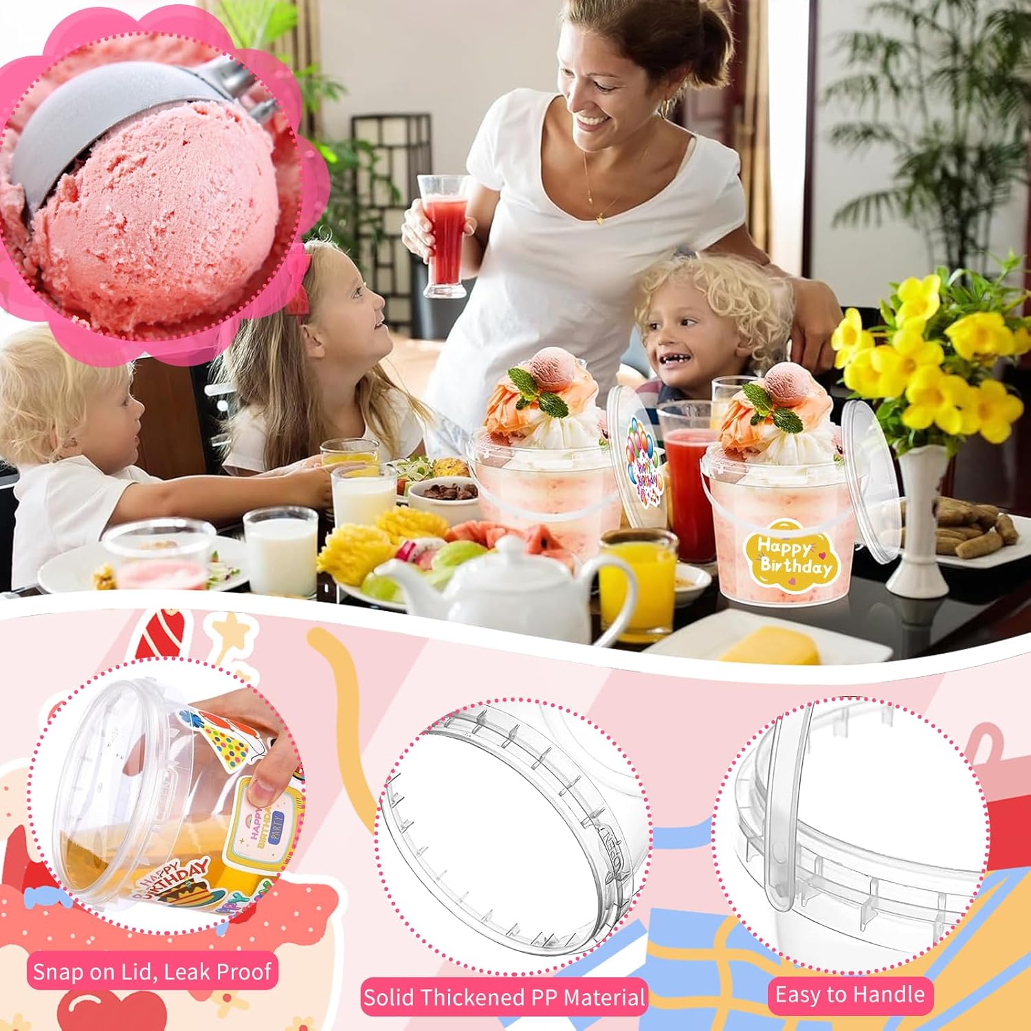 20 Sets 32 oz Ice Cream Buckets with Lids and Handles Clear Plastic Cocktail Rum Drink Buckets Reusable Food Storage Containers Ice Cream Tub for Parties