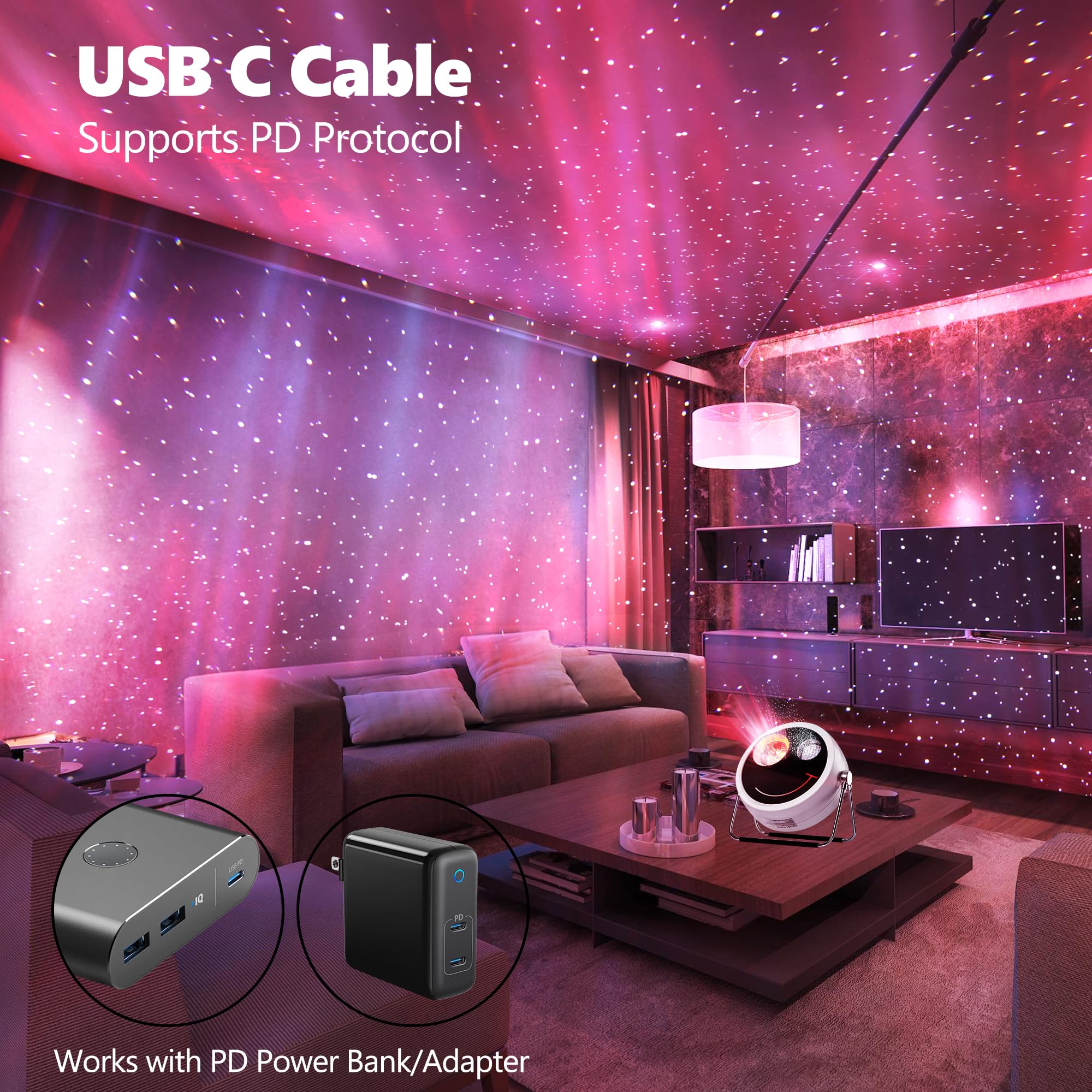 Brizled Star Proyector Galaxy Light, USB C White Starry Projector Funciona con fuente de alimentación PD, altavoz Bluetooth y luz de proyector Aurora de ruido blanco, proyector de galaxia LED para