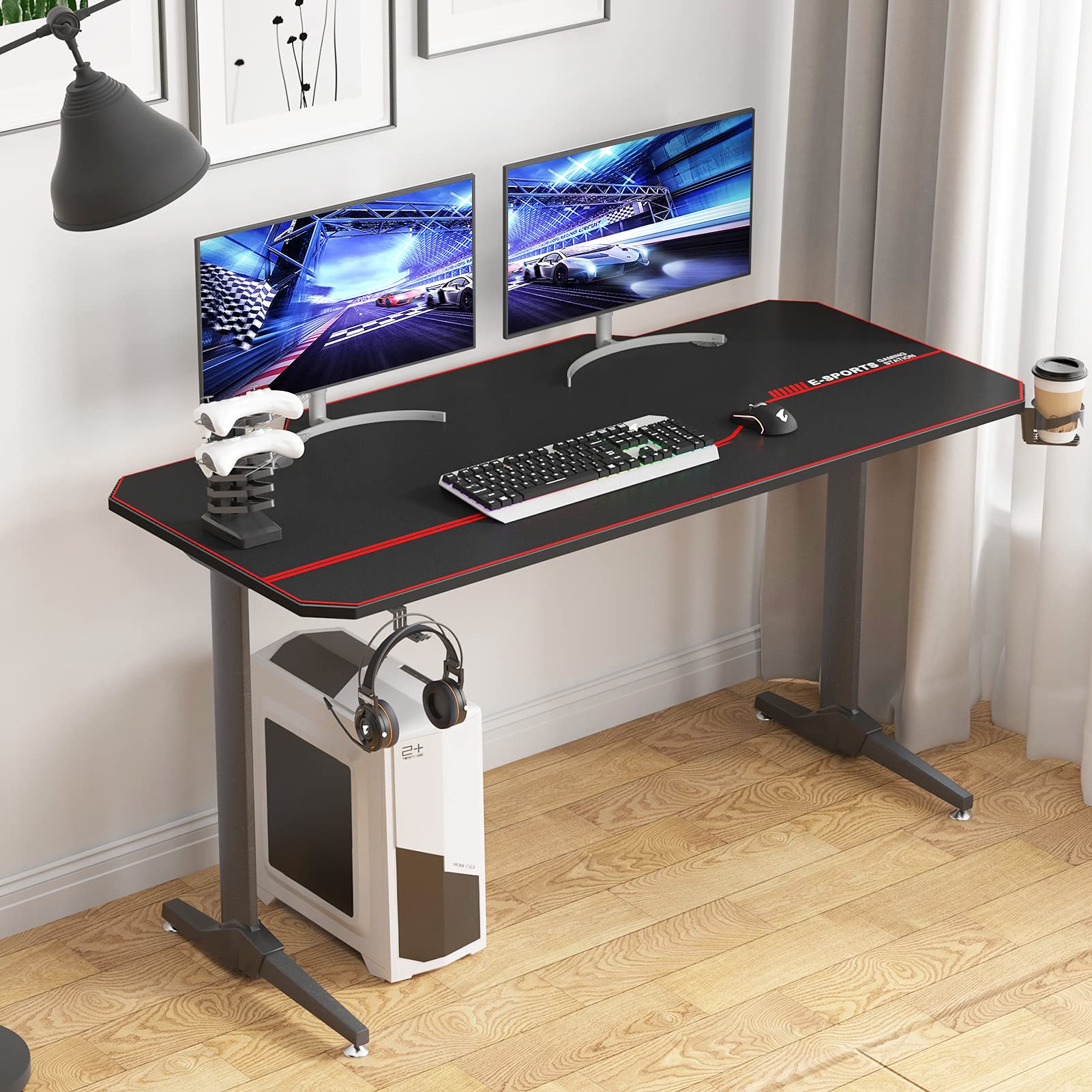 sogesfurniture Mesa de Juegos para computadora, Ergonomic Gaming Desk Mesa de Juegos para PC con Portavasos y Gancho para Auriculares, 140x65x75cm, Negro ST-Eagle-1400BK-BH