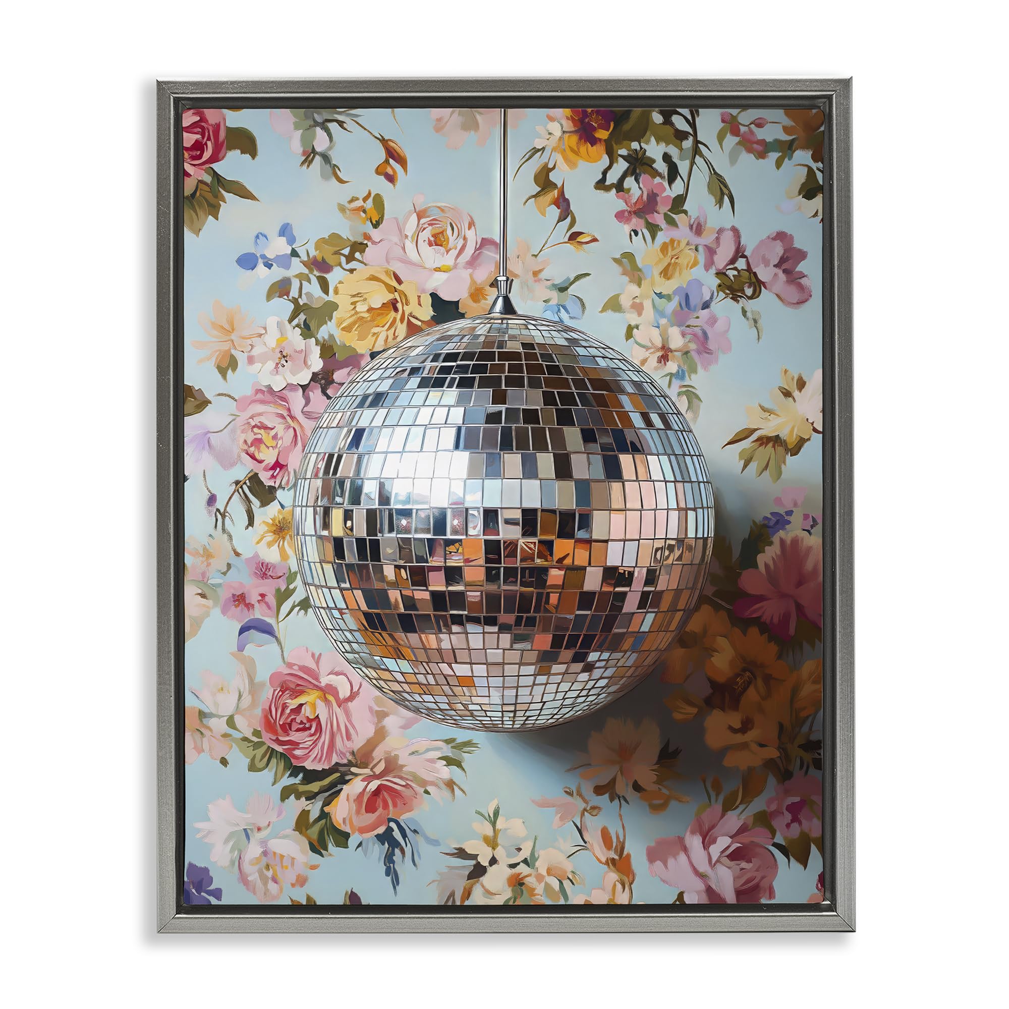 Stupell Industries 'Floral Disco Ball Reflection', Floating Frame Canvas Art, Gray, 17 x 21 Inches, Easy to Hang and Sturdy, Made in USA, by LSR Design Studio
