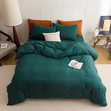 KAREVER Dark Green Comforter Twin Washed Cotton 3 PCs 100% Cotton Bedding Set Emerald Green Twin Size Comforter Set