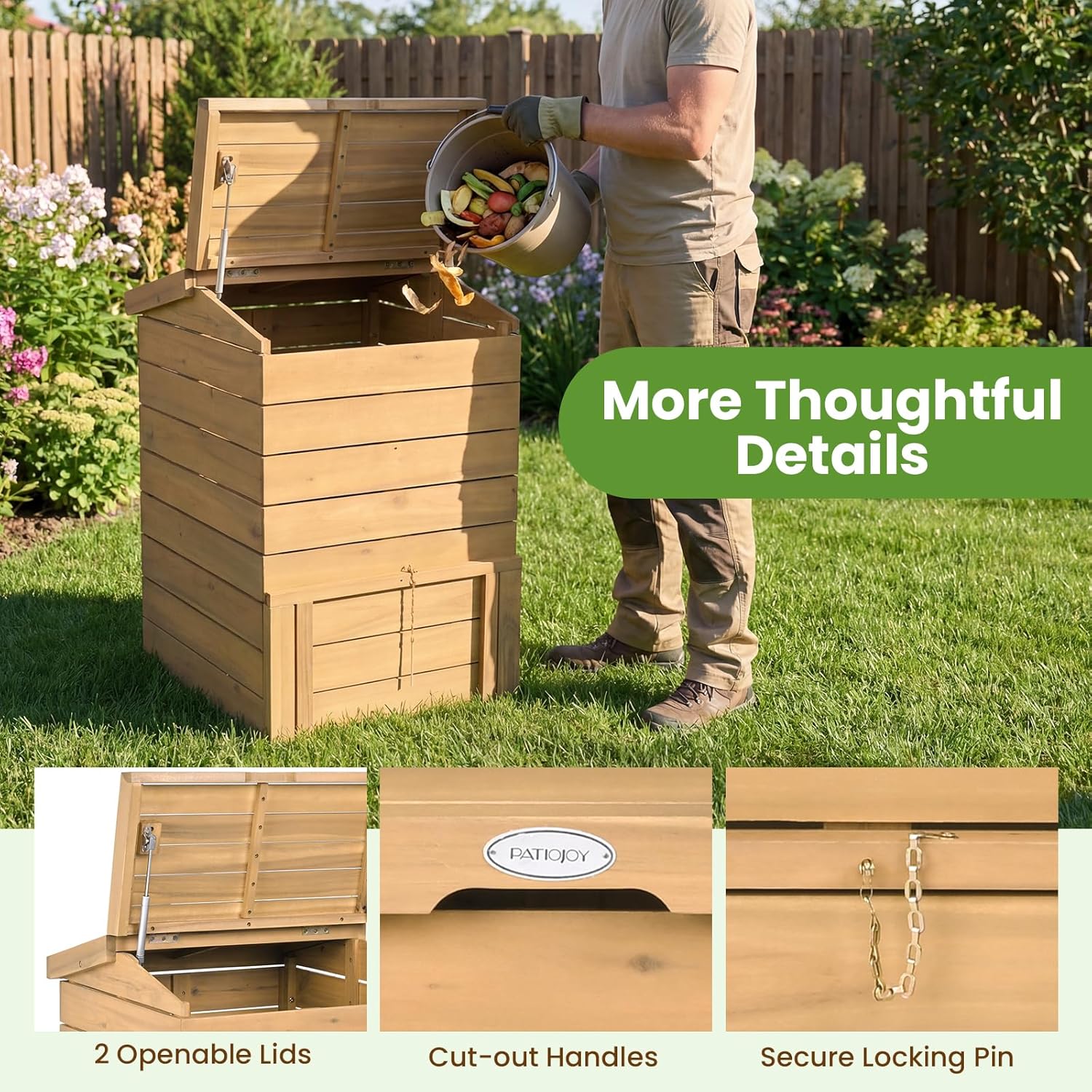 Goplus Solid Wood Compost Bin, 48 Gallon Outdoor Composter w/Lockable Sliding Door, Flip-top Opening, Gas Rods, Heavy-Duty Large Capacity Composter for Backyard, Garden, Farm