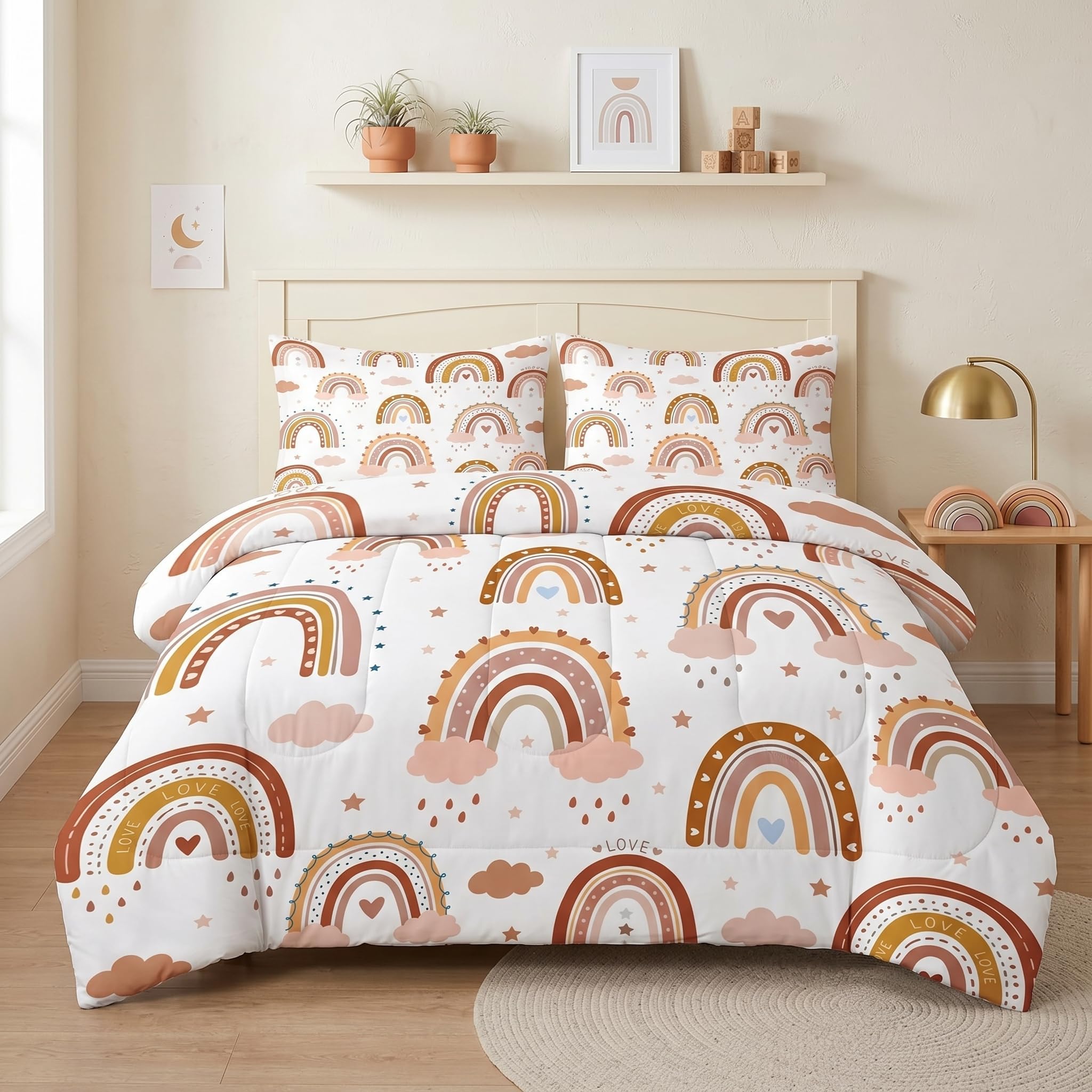 Pamnest Comforter Set Twin Size, Boho Rainbow Pink Soft 2 Pcs Bedding for Kids and Adults, Love Colorful Nursery Comforter Set with Pillowcase, for Bedroom Bed Decor