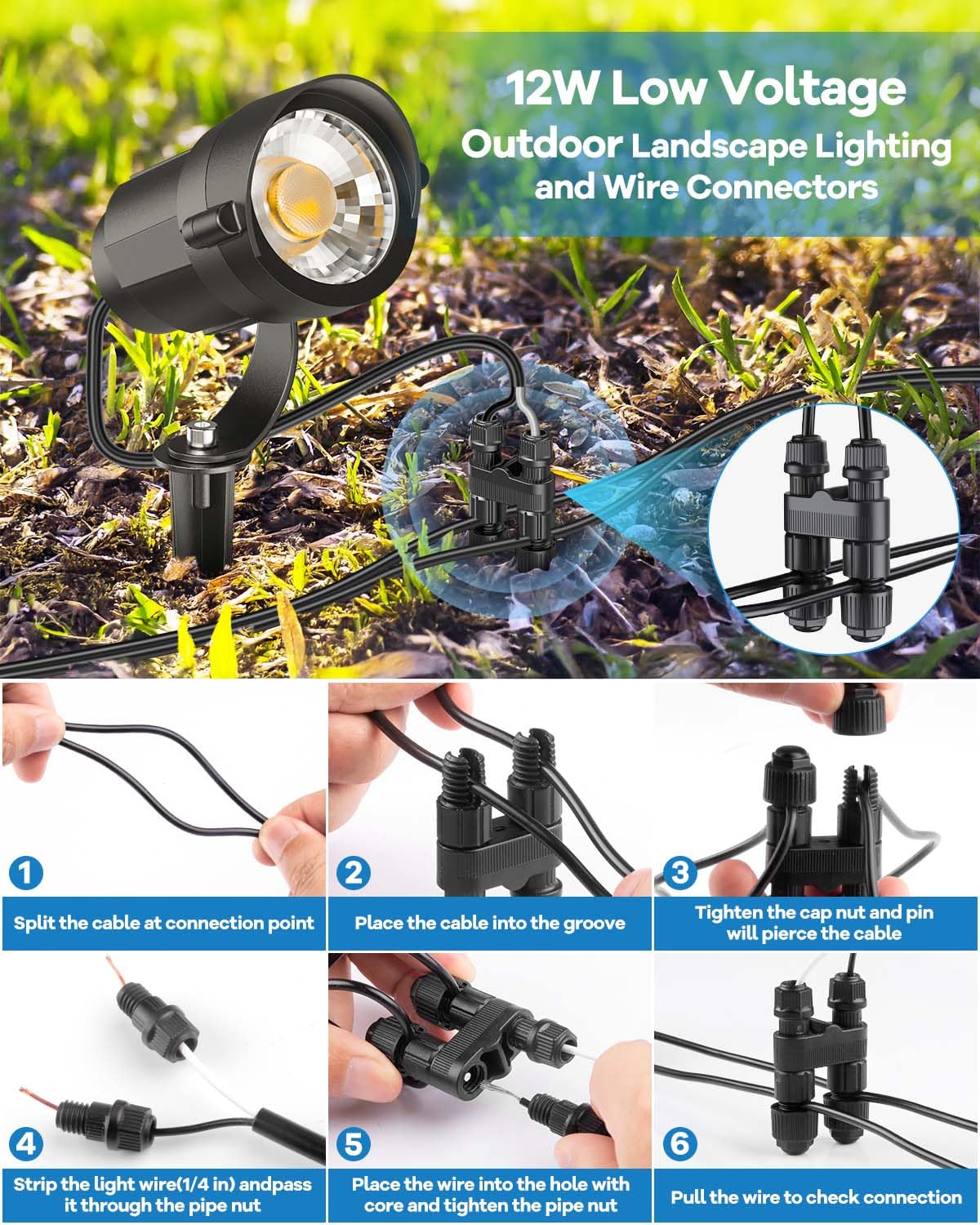 HIBOITEC 12W Spot Jardin avec Connecteur de Câble, IP65 Étanche