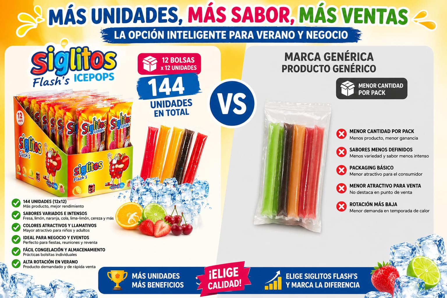 Siglitos Flash’s Ice Pops – Pack 12 Bolsas (144 Unidades) | Sabores Surtidos Frutales y Cola | Helados Tipo Flash Refrescantes para Fiestas, Verano y Negocio