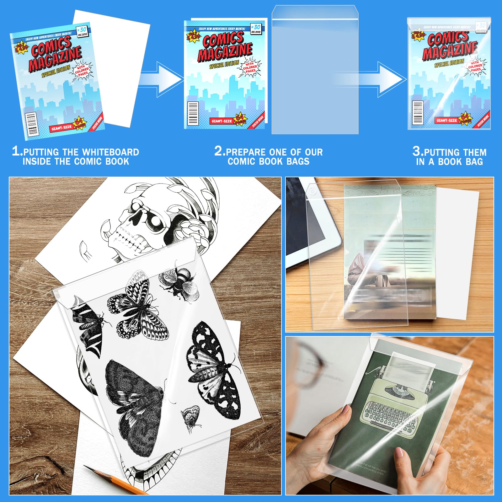 25 Sets Current Size Comic Book Bags and Boards, Reusable Transparent Comic Book Sleeves with Double-Sided White Cardboard Regular Comics Magazine Storage for Collector Small Business