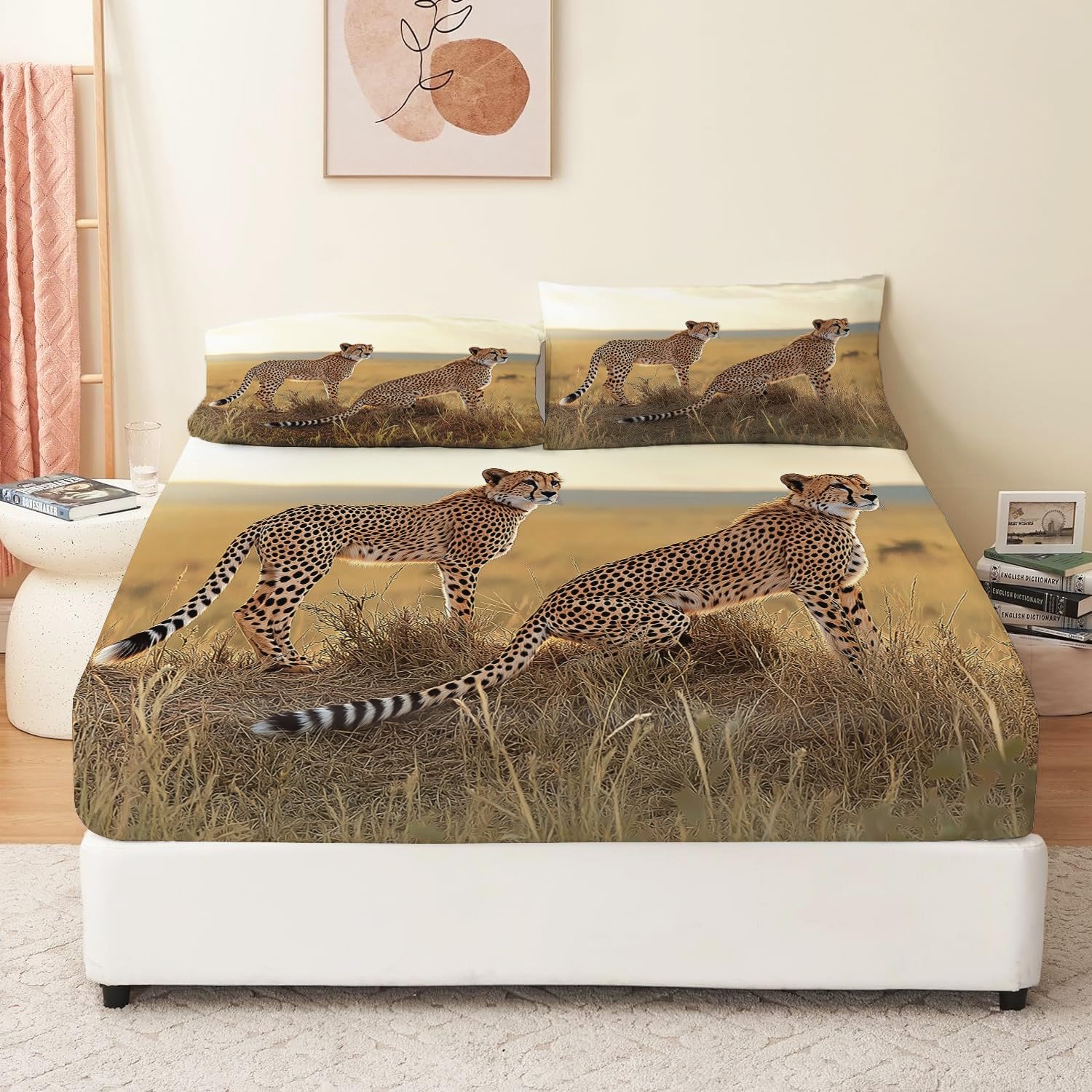 set lenzuola con angoli 160 x 200 + 30 CM Animali GhepardoSoft And Wrinkle Free Luxurious Microfiber Bed Sheets Colore Lenzuolo con Angoli con Tasche Profonde e federe