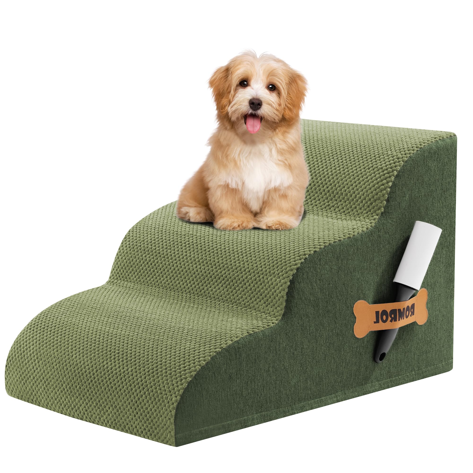 Romrol Dog Stairs Ramp for High Beds Couches, High Density Foam Pet Steps with Durable Non-Slip Waterproof Fabric Cover, Dog Stairs for Small Dogs or Cats or Pets, 3-Step,15 Inch,Green