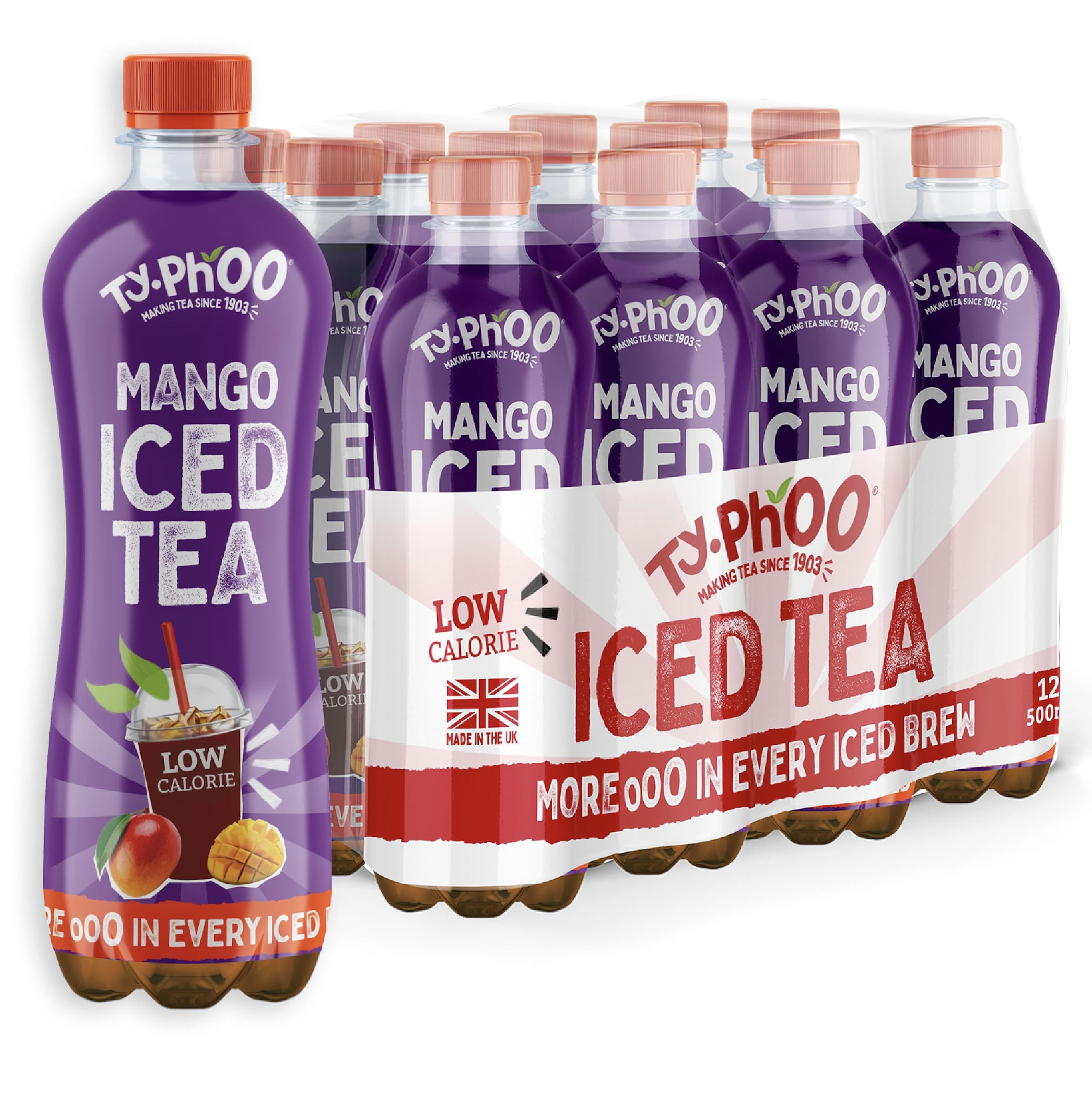 Typhoo • Iced Tea • Mango Flavour • 500ml x 12 • Ready-to-Drink Ice Tea • Juicy & Bursting with Flavour • Made with Northumbrian Spring Water & Real Fruit Juice in the UK • Low Calorie