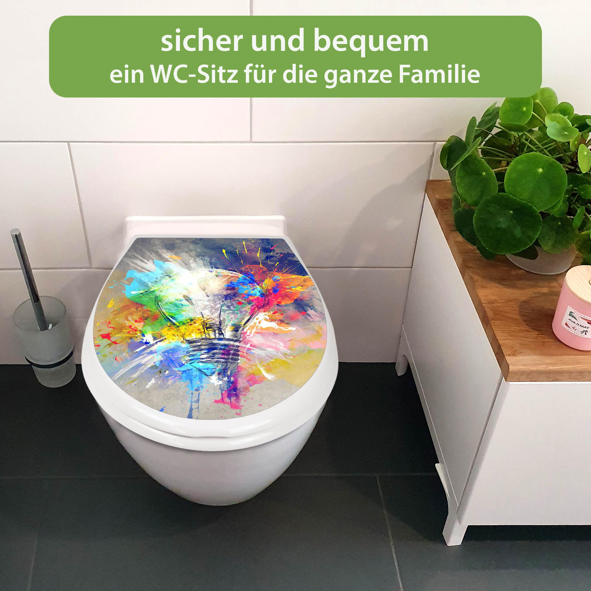 banjado Familien WC Sitz mit Absenkautomatik 44,9x37,1cm - Klobrille mit Kindersitz aus hochwertigem Polypropylen - Toilettendeckel mit Kinder Toilettensitz integriert - Motiv Idee