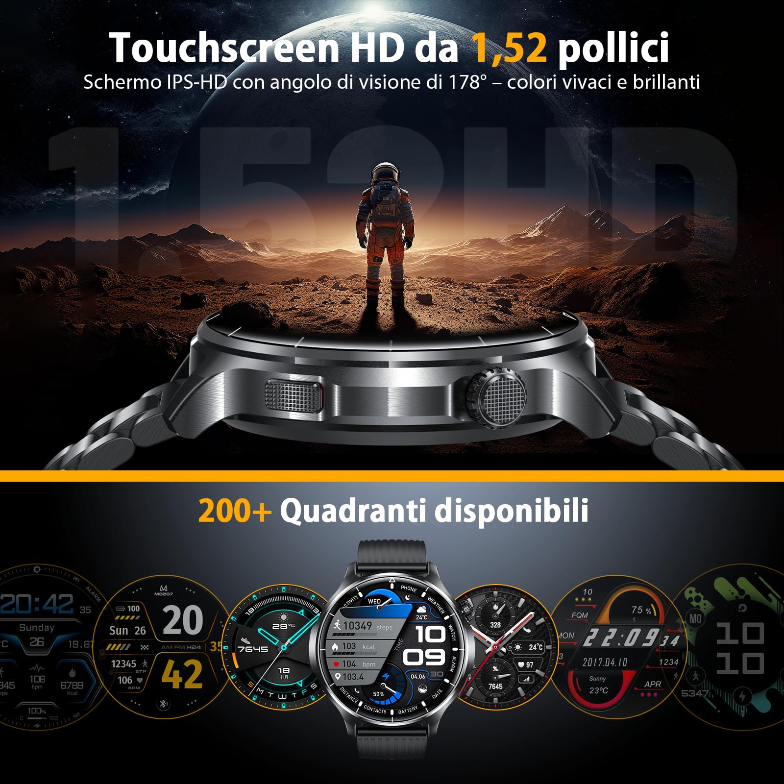 SLOKSFil Smartwatch Uomo con Chiamate Bluetooth, 1.52" HD Orologio Intelligente Fitness, con 1000 mAh 24/7 Cardiofrequenzimetro SpO2 Sonno 110+ Sport Impermeabile IP68, per Android iOS (Acciaio Nero)