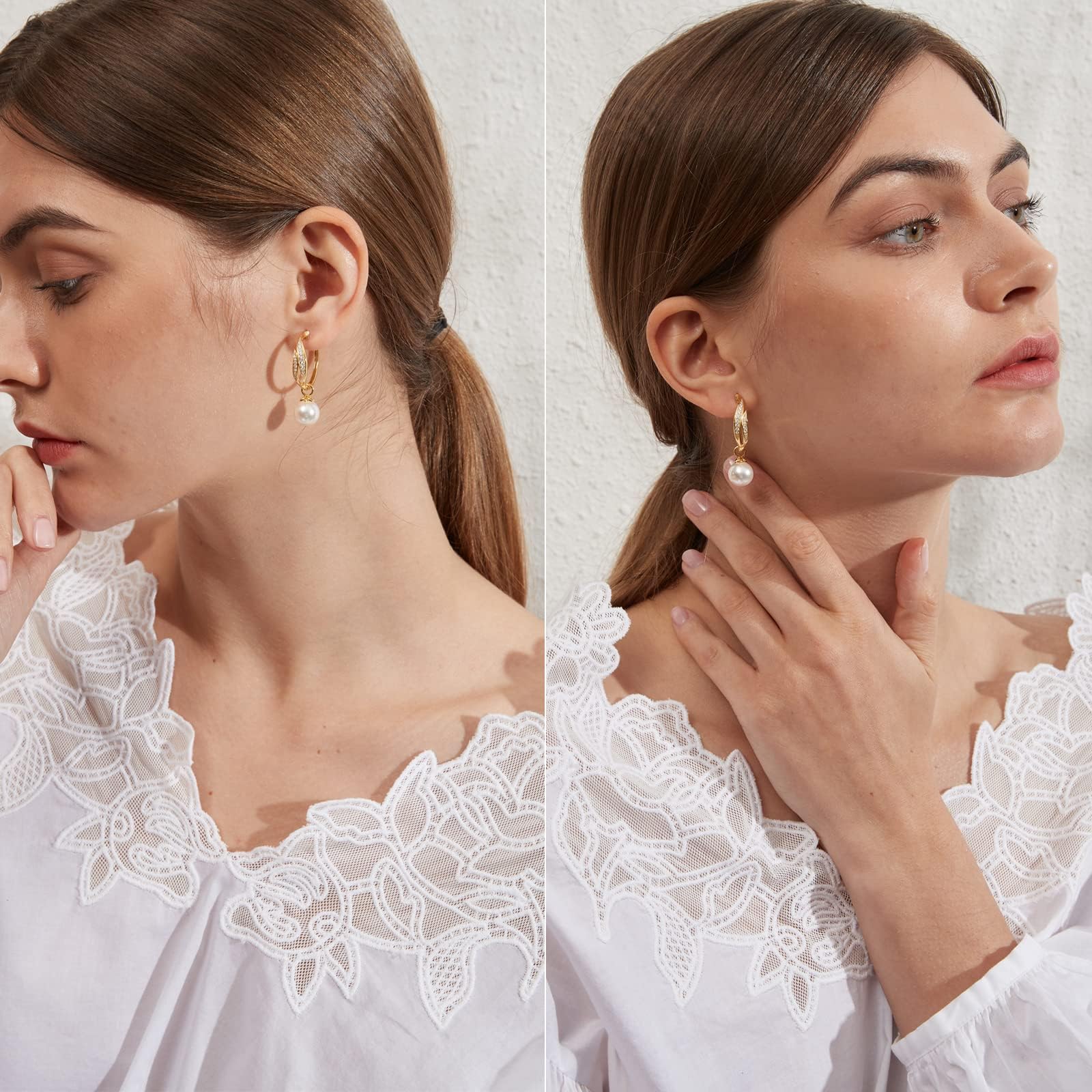Perlenohrringe 18K Weißgold Plattiert 925 Sterling Silber Creolen mit Weiß Perlen Hypoallergene, Perle 8mm-10mm Edler Schmuck für Damen