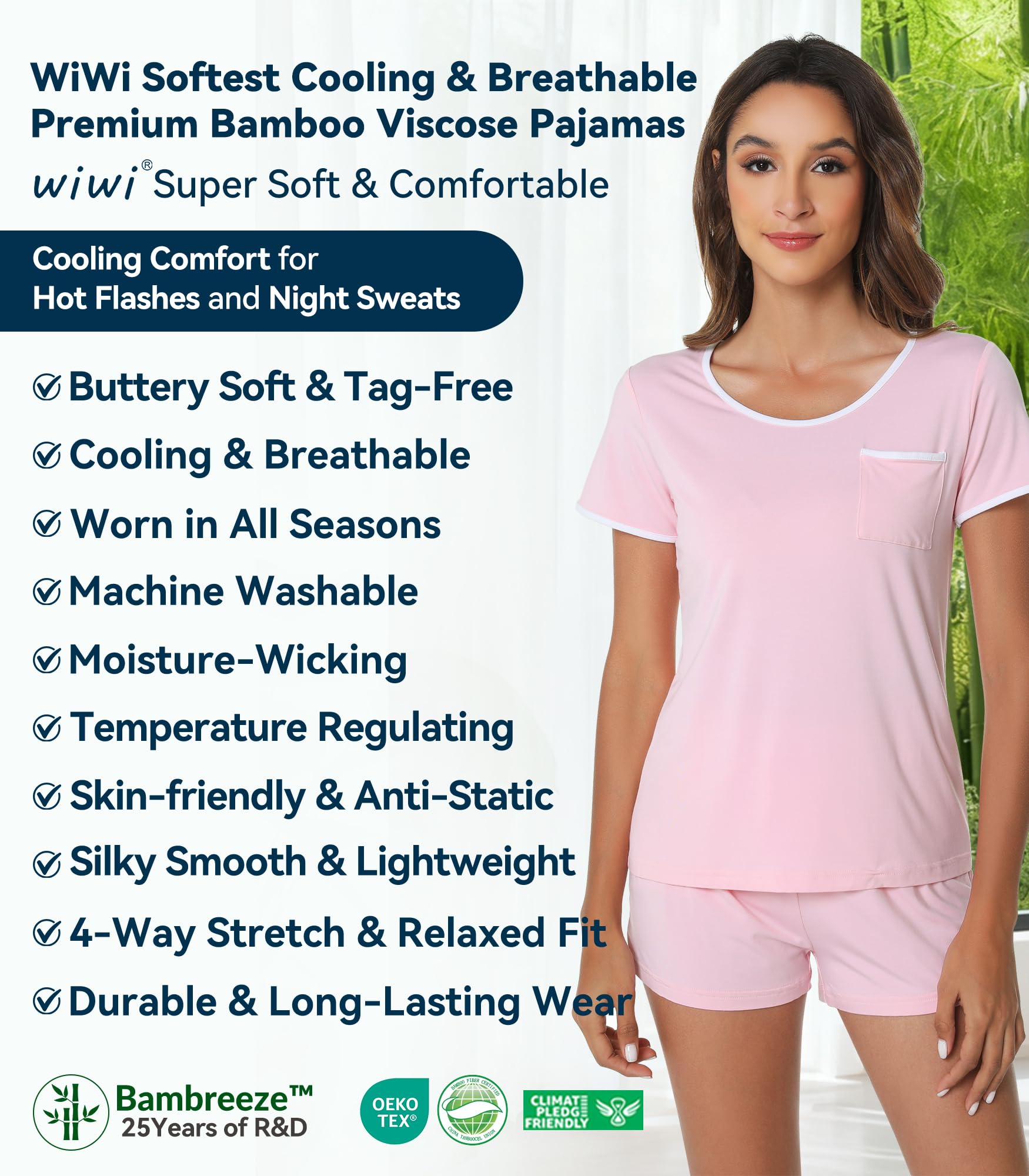 WiWi Womens Pajamas Set Soft Bamboo Pjs Nightwear Short Sleeve Top with Shorts Pajama Sets Plus Size Sleepwear S-4X