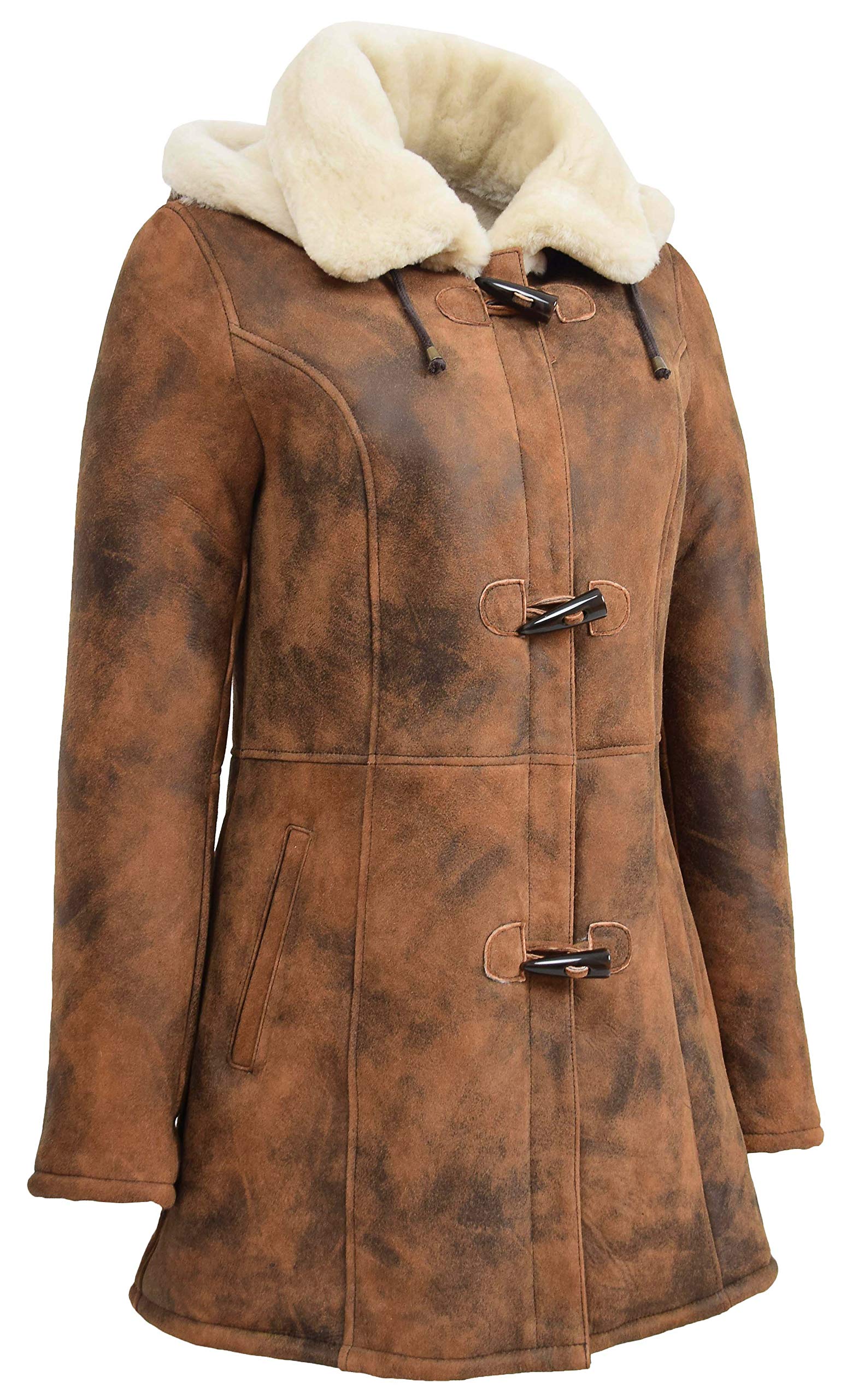 Genuine Sheepskin Duffle Coat for Womens 3/4 Long Hooded Cognac