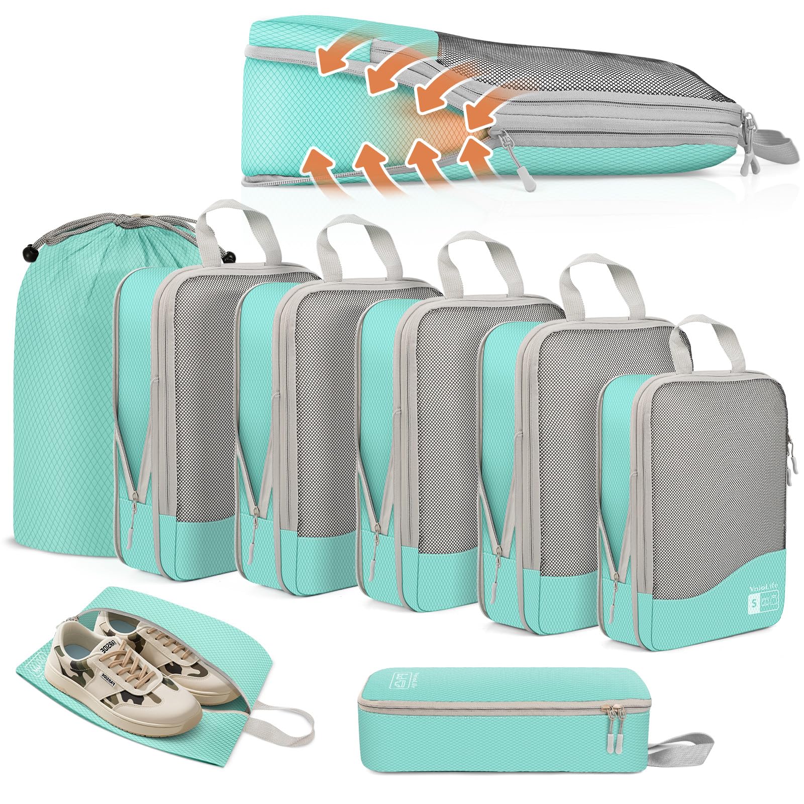 VnioLife 8-teiliges Koffer Organizer Kompression, Compresion Packing cubes wasserabweisend, leicht & maschinenwaschbar für Familienreise, Geschäftsreise, Handgepäck und Großkoffer (Blau)