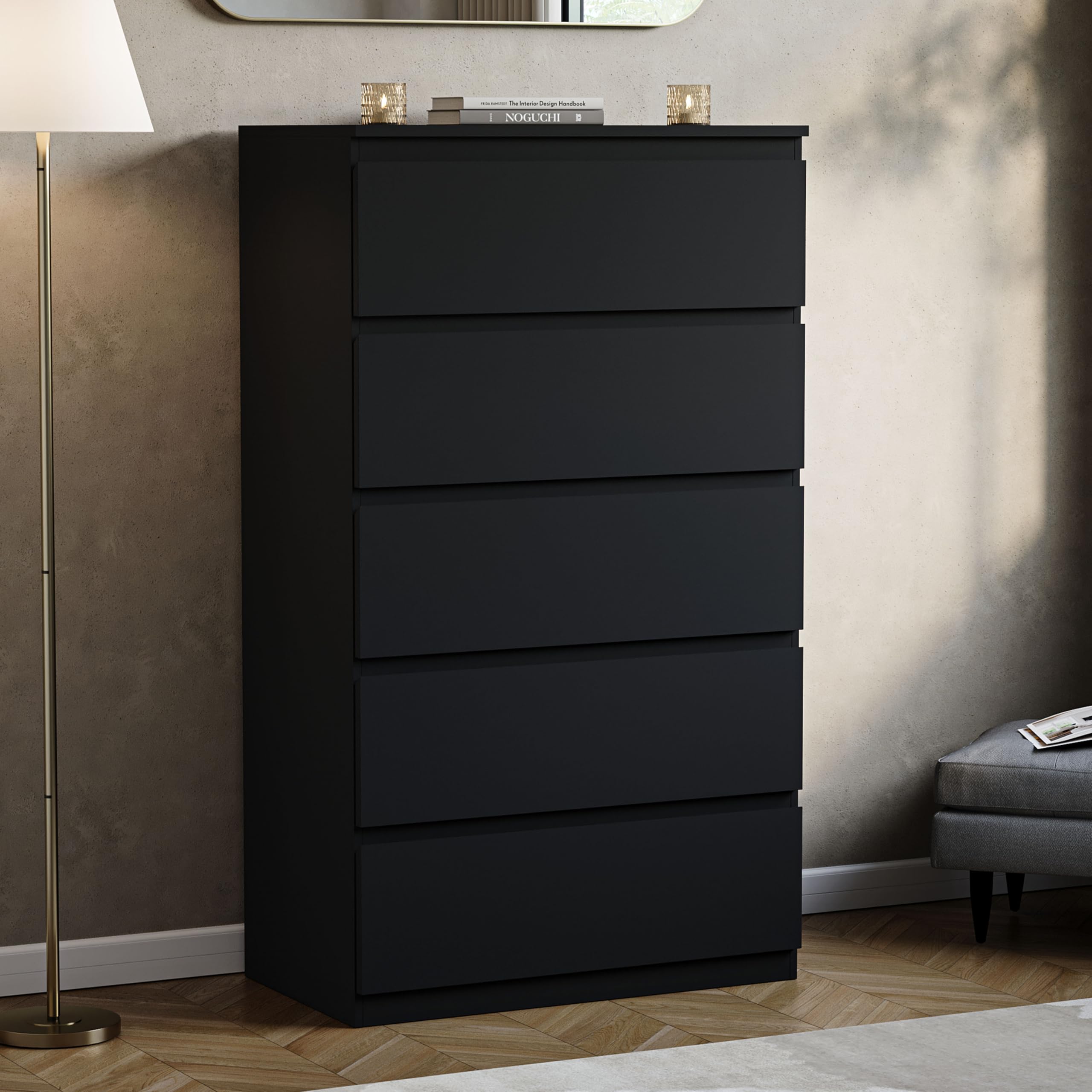 Vida Designs Denver 5 Drawer Chest of Drawers | Black | Space-Saving Storage | 117H x 70W x 40D cm | Minimal | Smooth Metal Runner | Engineered Wood | Modern Bedroom Chest of Drawers Unit