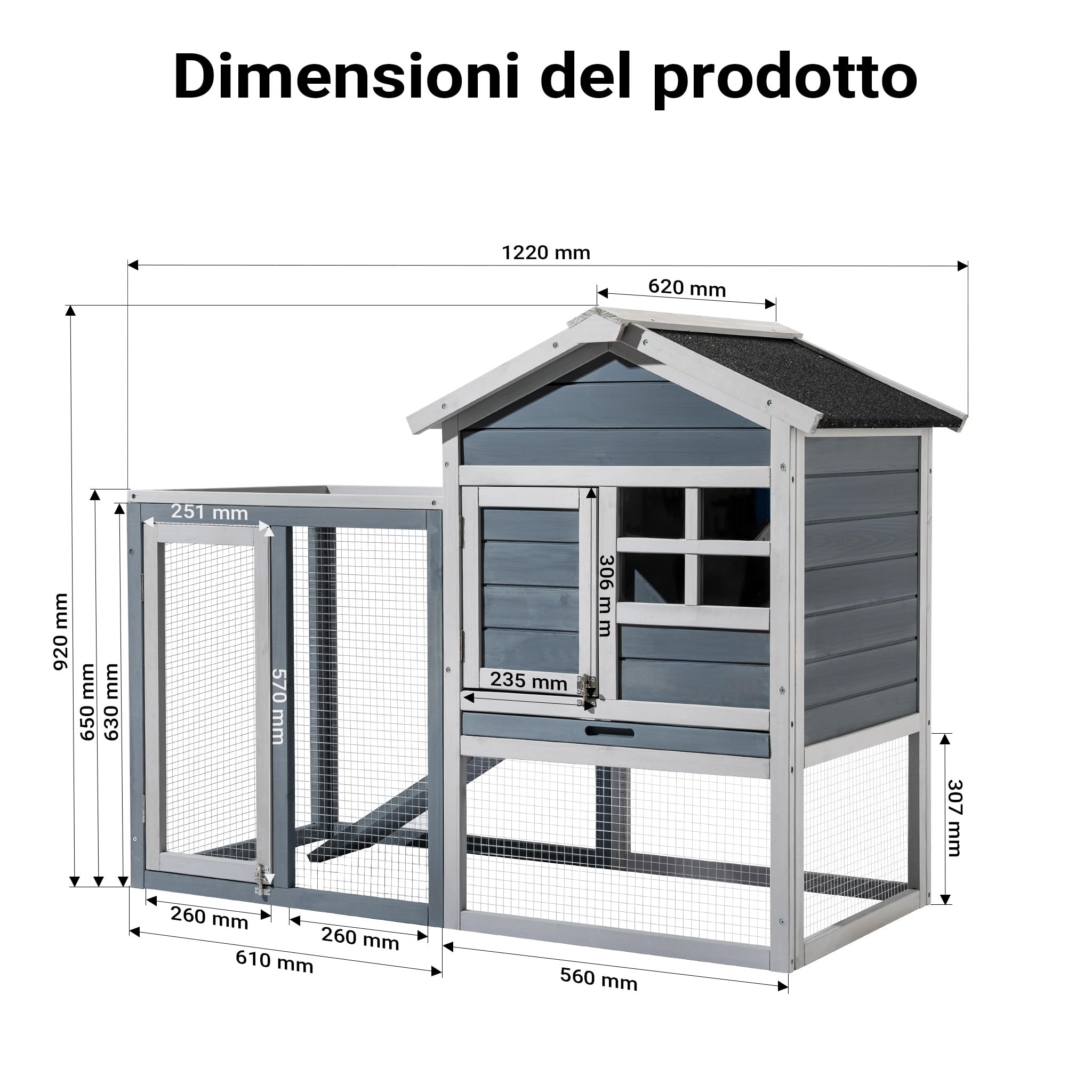 Conigliera con recinto esterno, rifugio rialzato grigio legno di abete