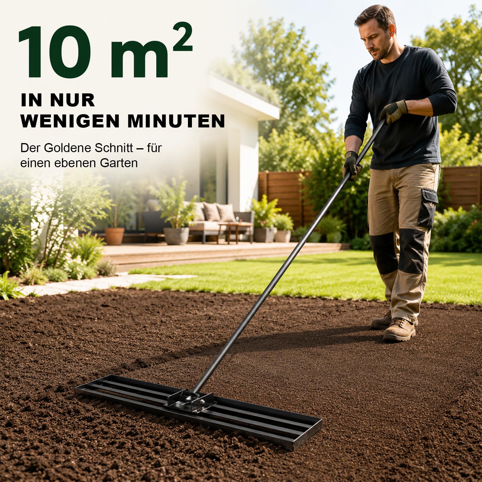 Rasen Nivellierrechen 76,2 × 25,4 cm mit 213 cm Edelstahlstiel, Rasenrechen aus verstärktem Stahl, Schwenkbarer Kopf, Rechen zum Einebnen von Erde, Rasen Nivelliergerät für Garten und Landschaftsbau