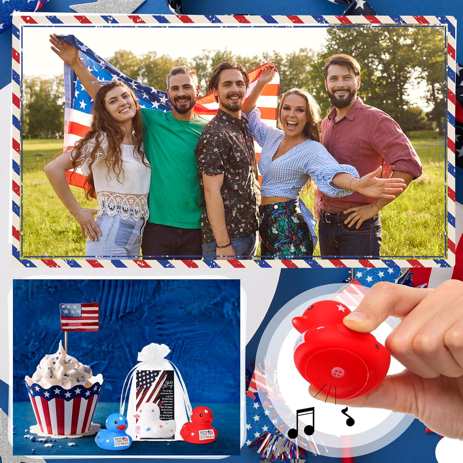 Liliful 48 Sets Patriotic Rubber Ducks Memorial Day Gifts Bulk 4th of July Rubber Ducks Red White Blue 250th Anniversary USA with Old Glory Card Organza Bag for Adults USA Memorial Day