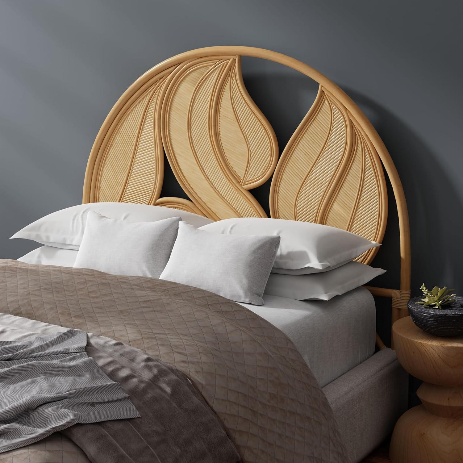 Kouboo Palm Springs Rattan Headboard for California King Size Beds Natural Boho Farmhouse Style with Intricate Palm Leaf Pattern and Arch Perfect for Coastal Beach Bedroom 72 in Wide from