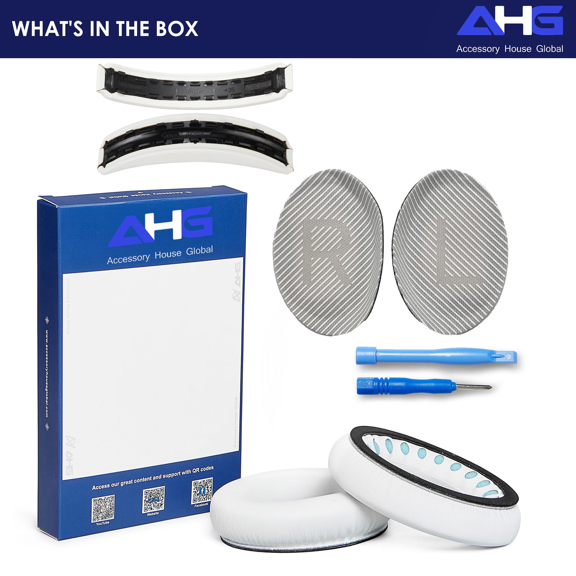 AHG QC35 Oreillettes / QC35 ii Kit de coussinets pour bandeau Compatible avec casque Bose QuietComfort 35 ii / QC35 (blanc). Design de bandeau haut de gamme | Assemblage à faire soi-même sans couture