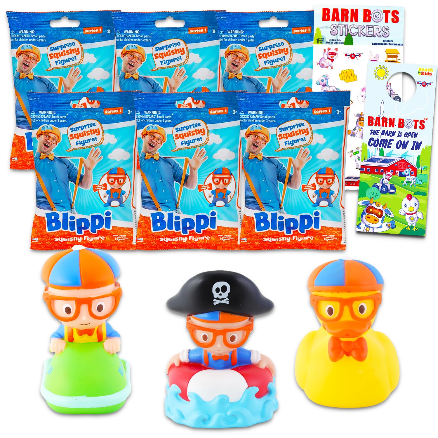 Blippi Bath Toys Blind Bag Figures Set -- 6 Pack Bundle With Bath Squirter Figures Plus Stickers | Mystery Toy Party Favors for Kids