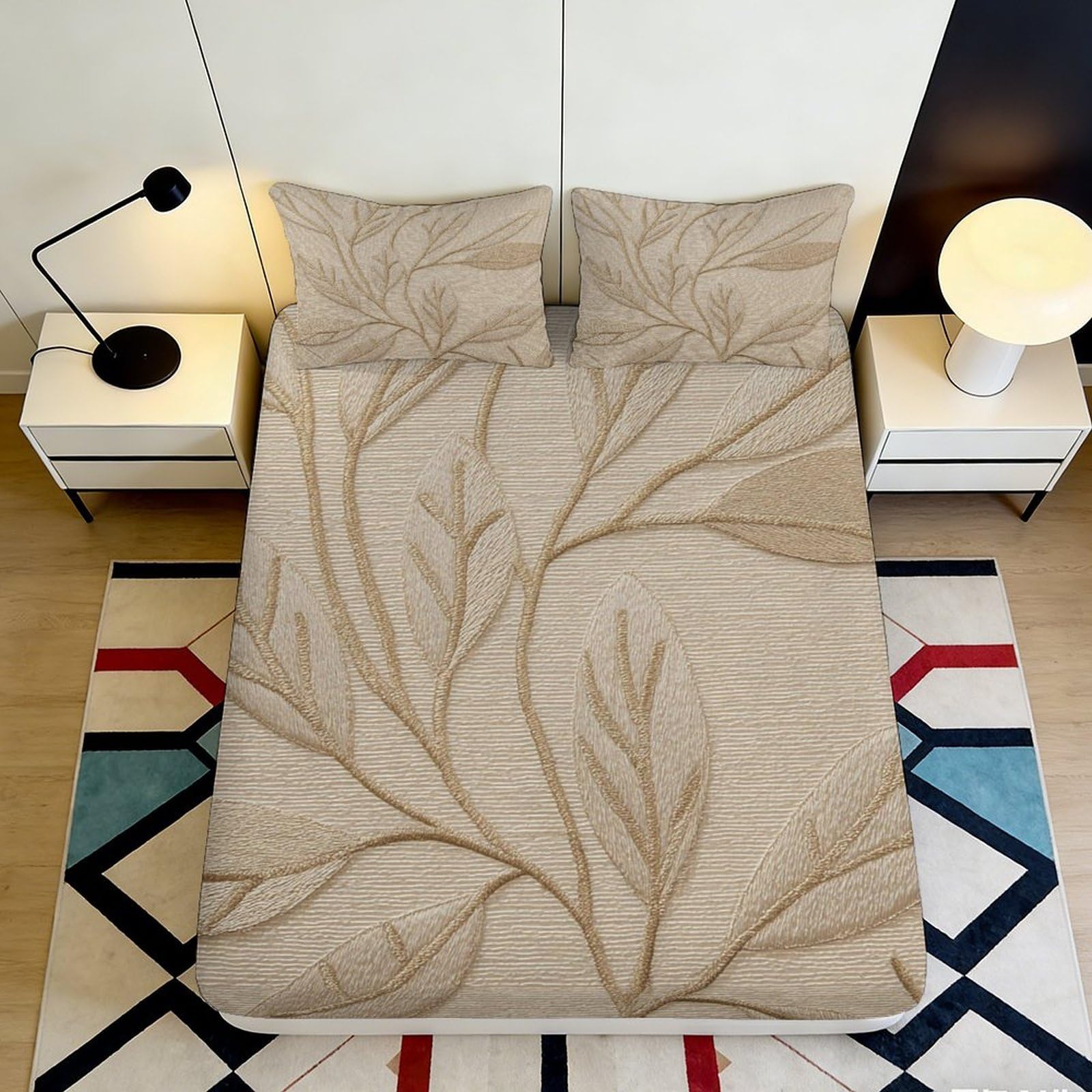 3D Printed Beige Leaf Pattern Fitted Sheet Microfiber Soft Durable Embossed Bed Cover for Mattress Protection Bedroom Dorm Dormitory Guest Use 140x200x25cm