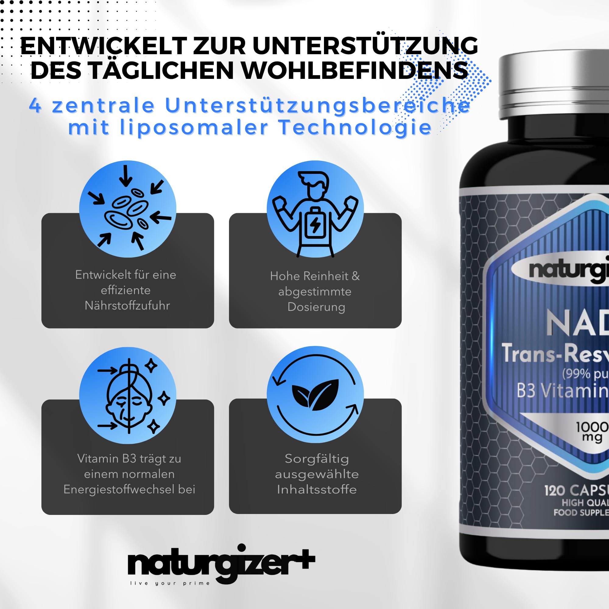 NAD Plus (echtes NAD+) – NMN Alternative mit Trans-Resveratrol, Niacinamid & Betain (TMG), Komplex 4+1 mit liposomaler Technologie, 120 Kapseln | Naturgizer+