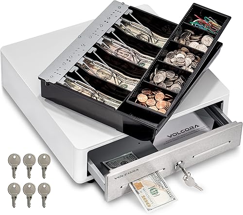 Miniatura 11 de Volcora Cajón de 33 cm de caja registradora para sistema de punto de venta (POS) con bandeja de efectivo de 4 billetes y 5 monedas, compartimento