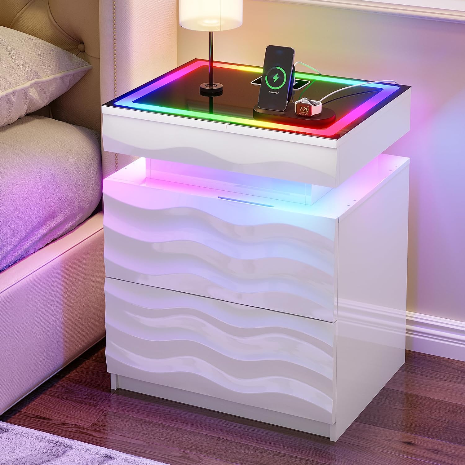 Dystler LED Night Stand with Charging Station & Tempered Glass Top, White