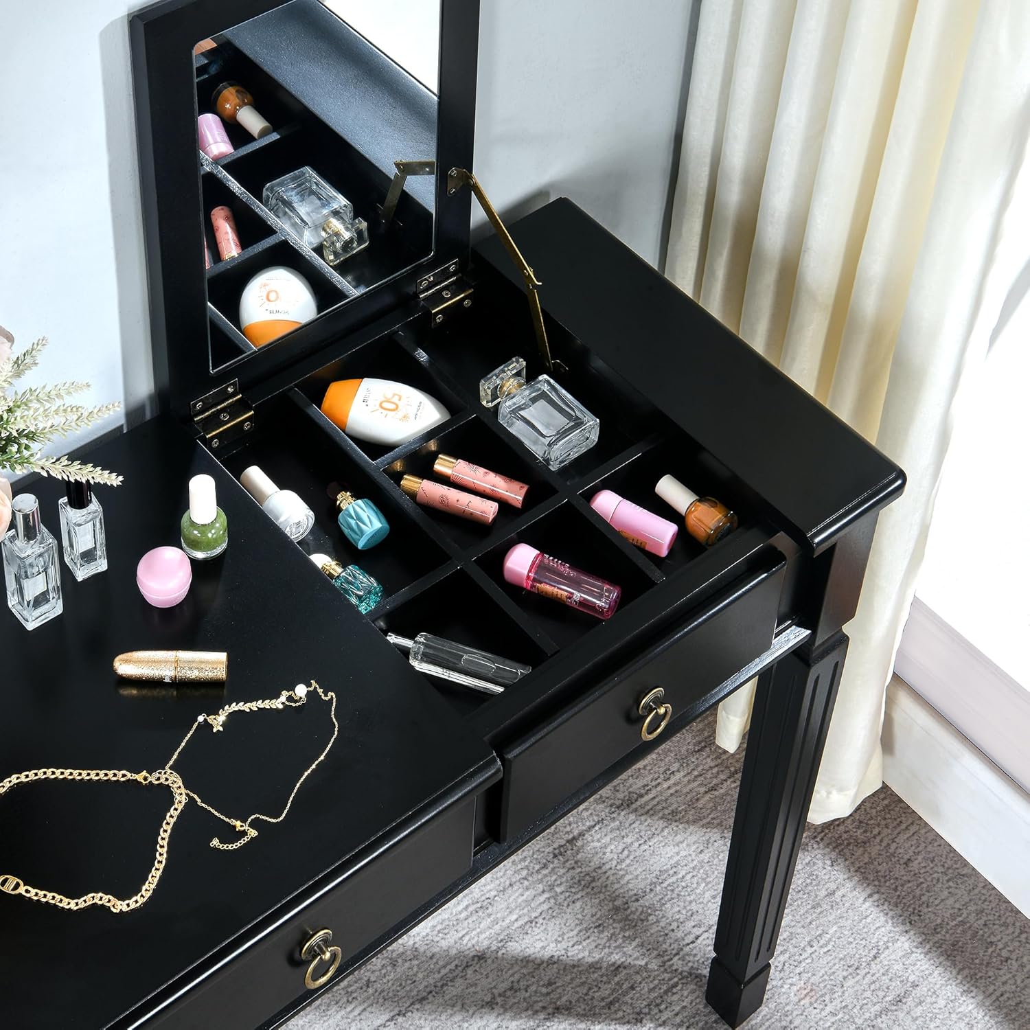 31.5”L Classic Vanity Table with Mirror and 7 Hidden Compartments, Small Wood Makeup Desk Table with 2 Drawers for Bedroom, Living Room, Dressing Room, Dressing Table,Black, SZT-D0036-BK