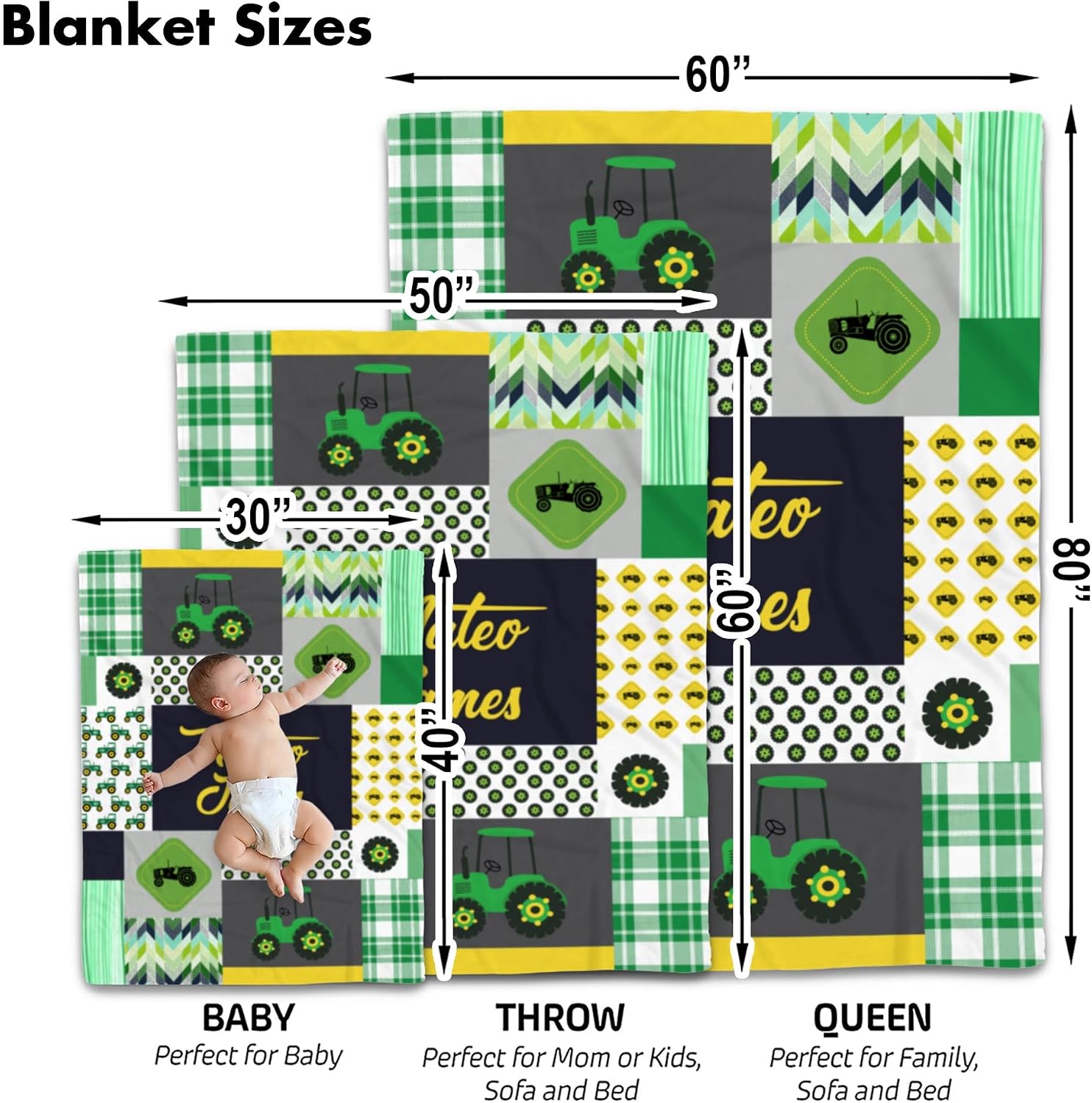 Personalized Tractor Farm Theme Baby Blanket, Custom Green Plaid Swaddle, Baby Boy Farm Equipment Fleece Wrap, Agricultural Nursery Decor, Cozy Tractor Patterned