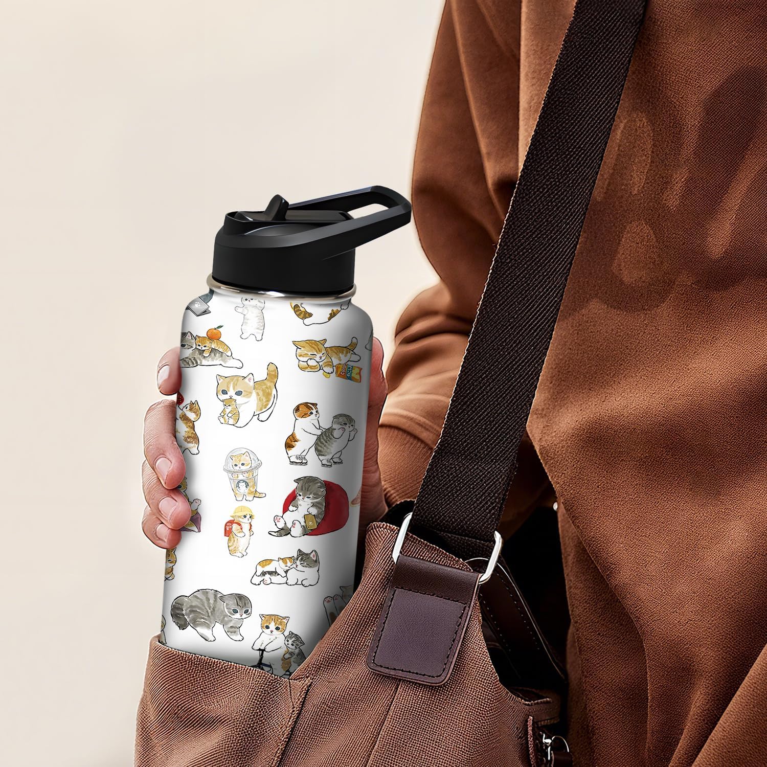 32oz Cat Water Bottle with Handle and Flip Straw, Pixel Sports Stainless Steel Insulated Cup Travel Coffee Mug Tumbler, Birthday Mothers Day Chritmas Gifts for Women - Image 5