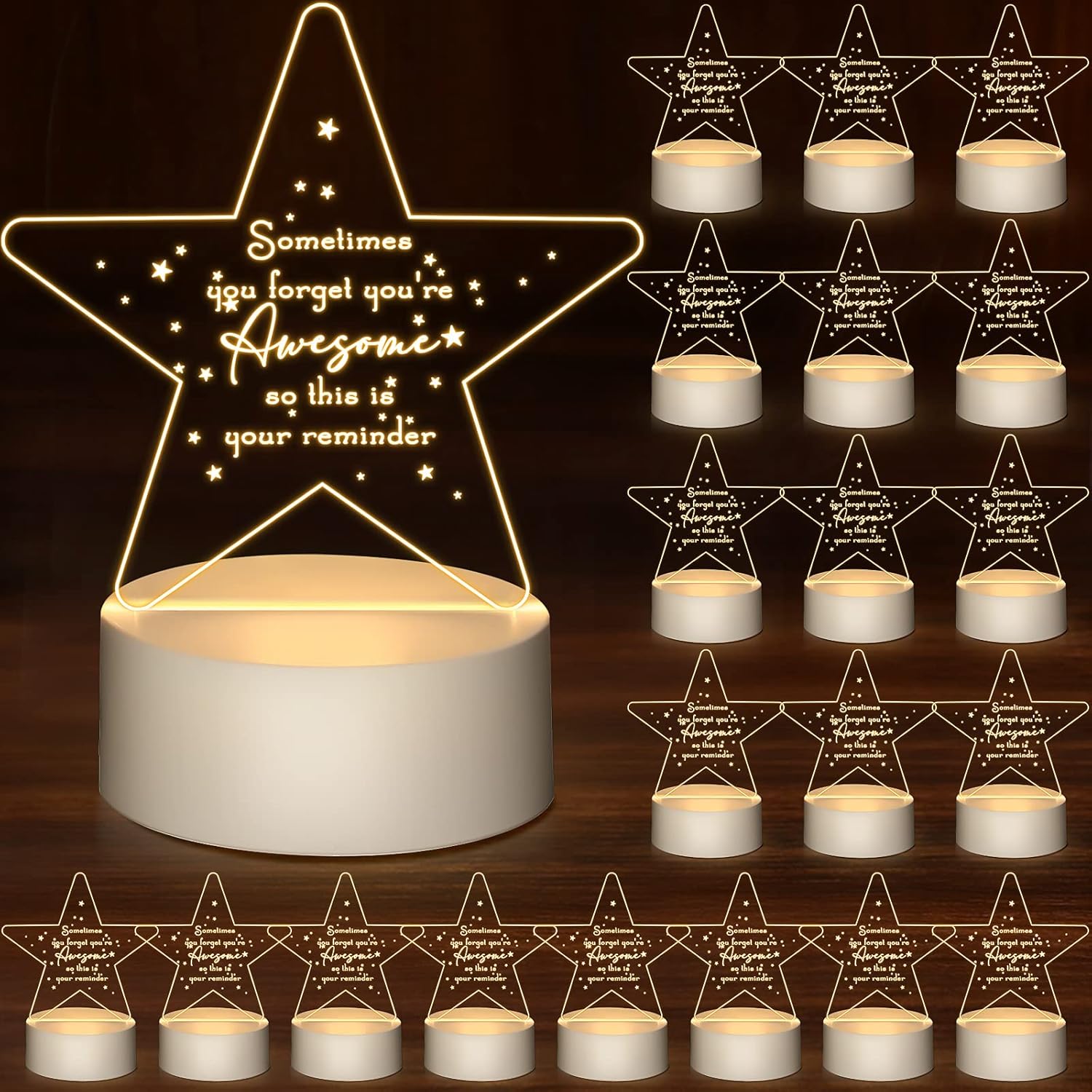 20 Pcs Appreciation Gifts for Employees Bulk Sometimes You Forget You're Awesome Gifts Teacher Appreciation Acrylic Night Lamp with Base Inspirational for Women Caregiver(Star)