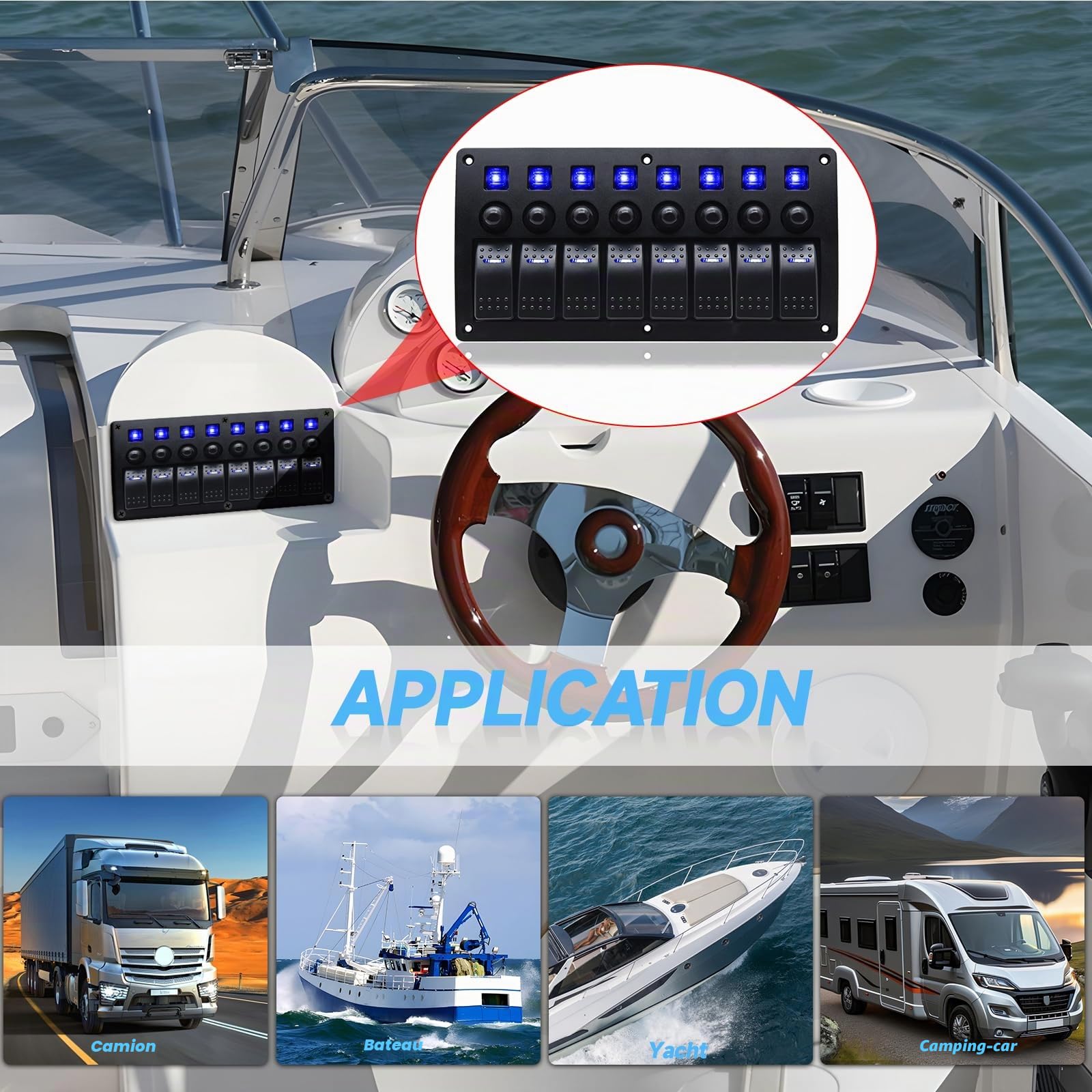 Geloo Panneau de Commutation 8 Gang, Étanche 12V/24V à Bascule Interrupteur avec Protection contre les Surcharges pour Voiture Bateau Camion et Autres Véhicules