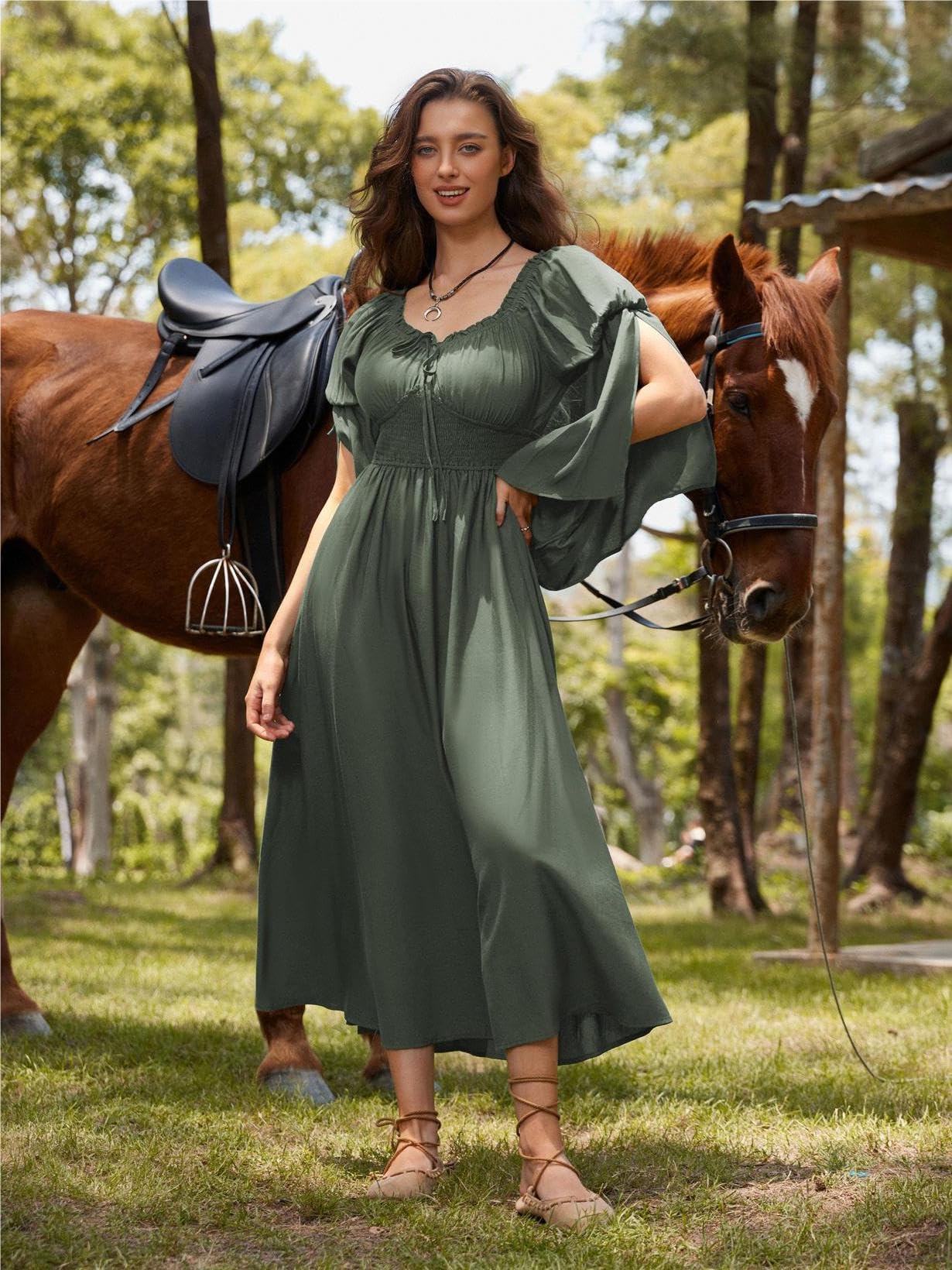 SCARLET DARKNESS Women Renaissance Maxi Dress A-Line Diamond Neck Long Slit Sleeves Medieval Dresses Army Green XL - Image 2