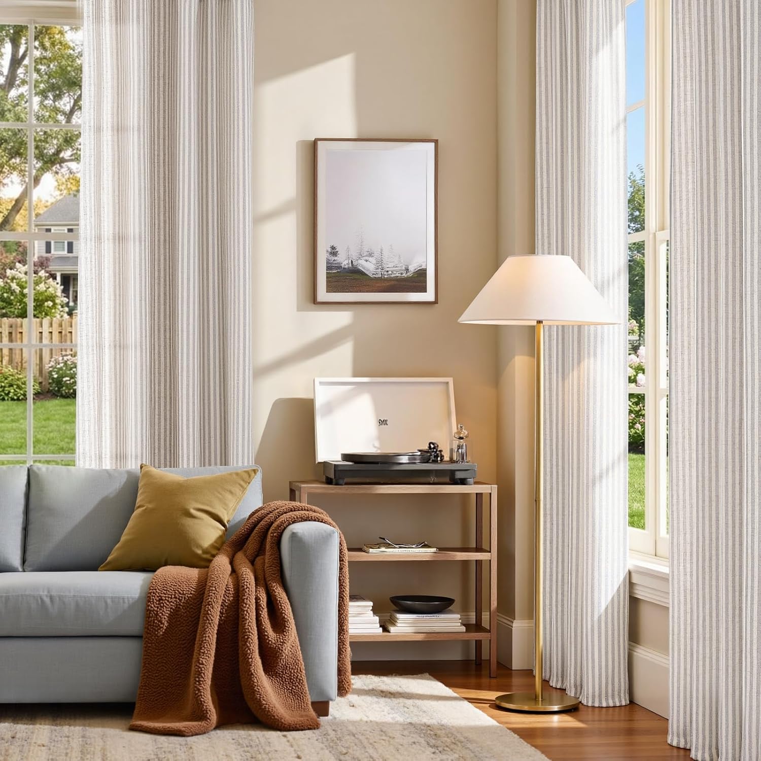 jinchan Linen Curtains for Living Room Taupe Grey on Beige Striped Curtains for Bedroom Ticking Stripe Light Filtering Farmhouse Cottage Core Rustic Grommet Window Treatment 2 Panels 84 inches