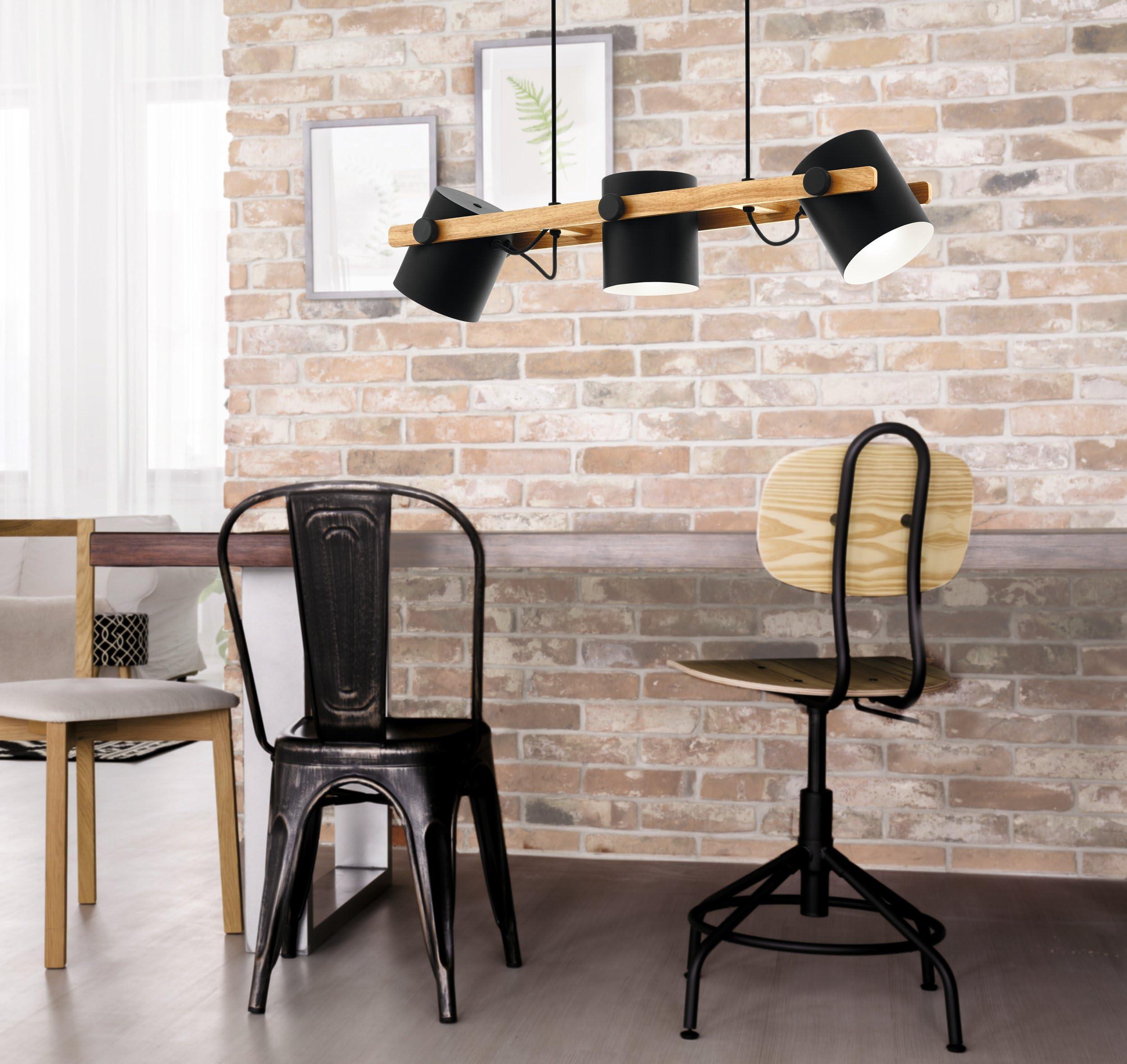 EGLO HORNWOOD żyrandol w stylu vintage, 3 płomienie, industrialny design, lampa wisząca w stylu retro, stal i drewno, czarny, kremowy, brązowy, certyfikat FSC, oprawka E27
