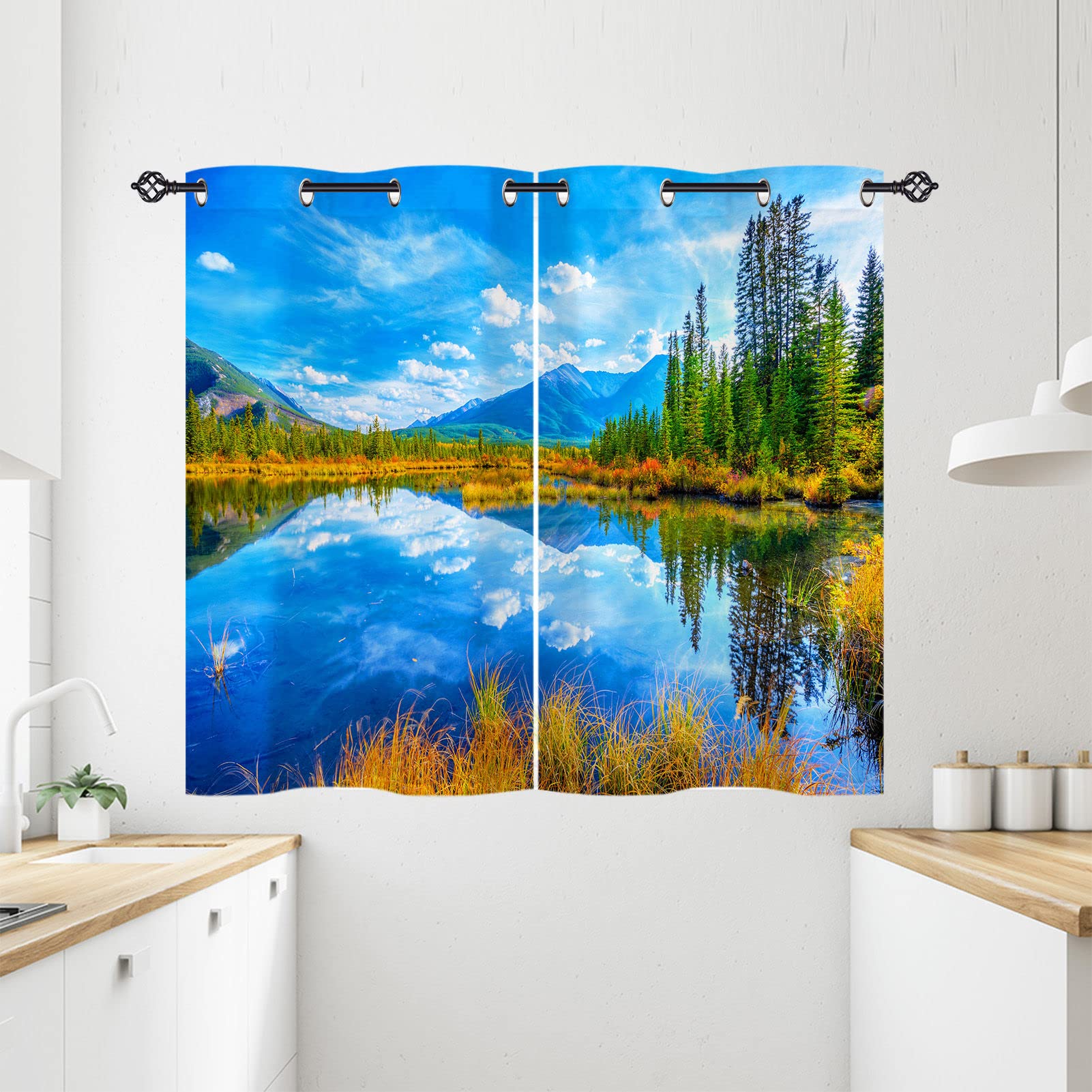 ANHOPE Nature Curtains Eyelet 80% Blackout Room Darkening Curtains with Fall Forest Lake Mountain Scenery Print Pattern Light Blocking Window Drapes for Bedroom Living Room 28 x 54 Inch Drop 2 Panels โ image 1