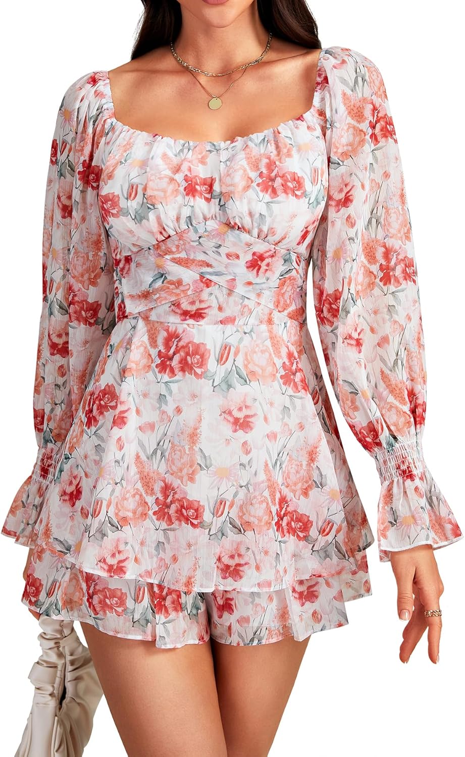 LYANER Women's Floral Print Off Shoulder Long Sleeve Ruffle Hem Romper Short Jumpsuit - Image 4