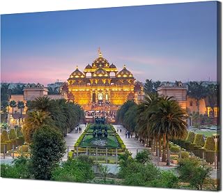 Akshardham Temple Wall Art Delhi India Landscape Picture Wall Decor Canvas HD Printed Religion Painting Poster Stretched Framed Home Living Room Decoration Artwork(16x12 inches)