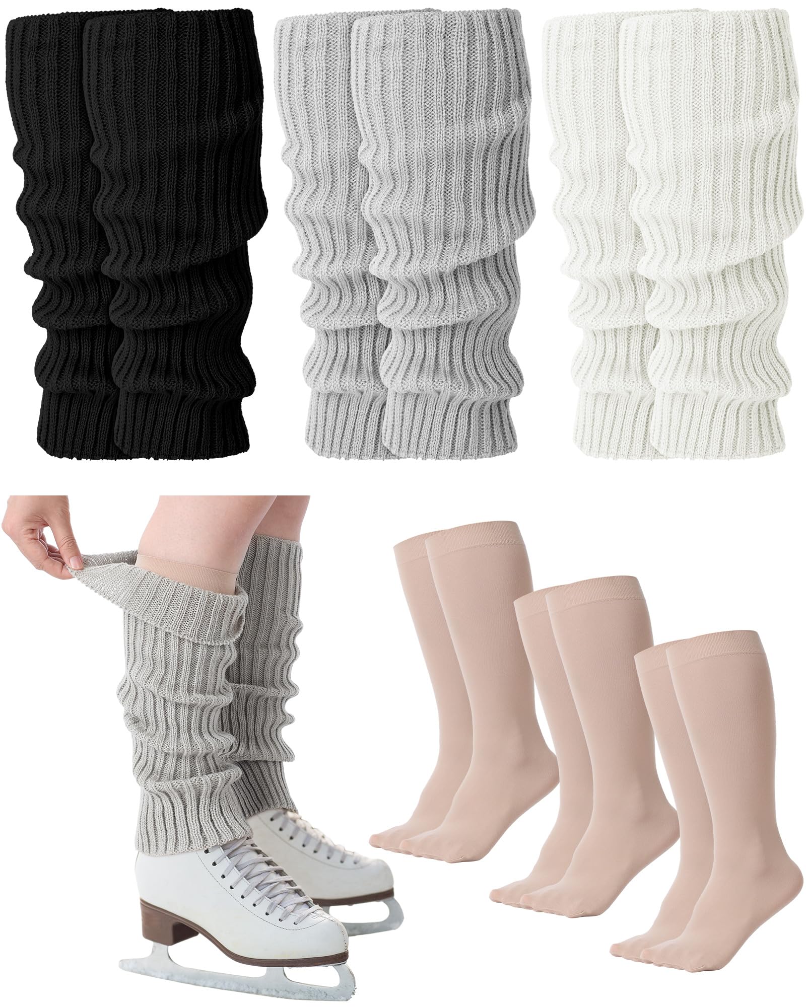 6 Pairs Skating Leg Warmer Sets for Women Girls Knit Long Leg Warmers Skating Socks Calf Socks Set for Figure Skating