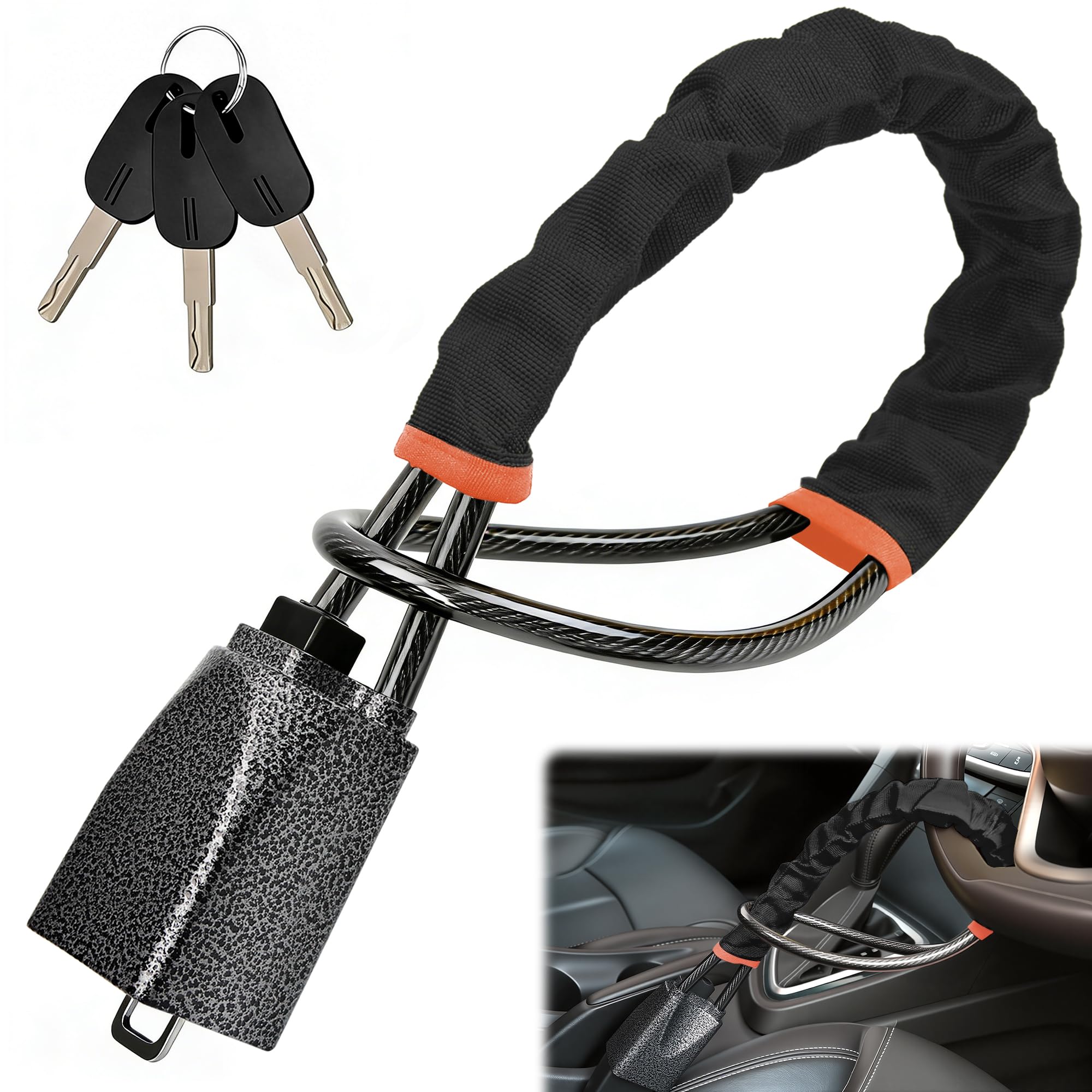 OXNSHEJW Steering Wheel Lock, Car Steering Wheel Locks, Car Seat Belt Lock with Metal Head, High Visibility Car Lock Anti-Theft Device for Car, SUV, Pickup, Van, RV, 3 Keys (Black)
