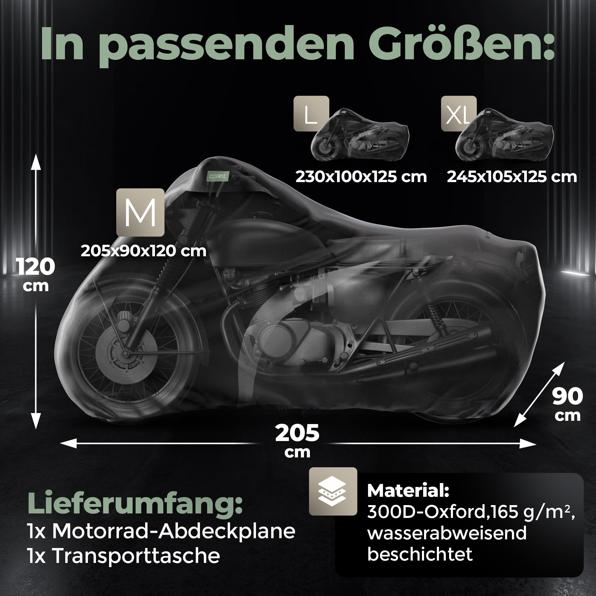 Motorrad Abdeckplane wasserdicht [reiß- und Winterfest] Motorradabdeckung | Abdeckhaube | Plane Wasserdicht für Indoor & Outdoor | UV- Motorradschutz für Bikes & Roller | Motorcycle Cover | COVRYZ