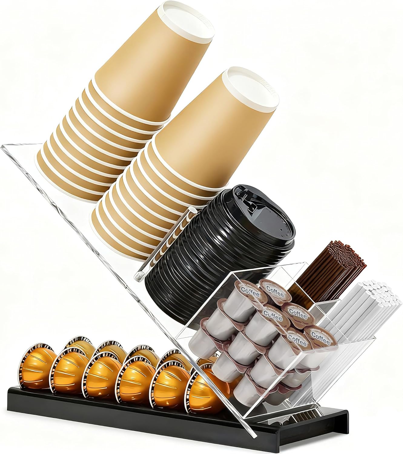 Acrylic Cup and Lid Holder with Coffee Pods Organizer, Adjustable Coffee Cup Holder 6 Compartment Dispenser for Disposable Cup and Straw Accessories Organizer, for Office, Home, Coffee Bar Countertop