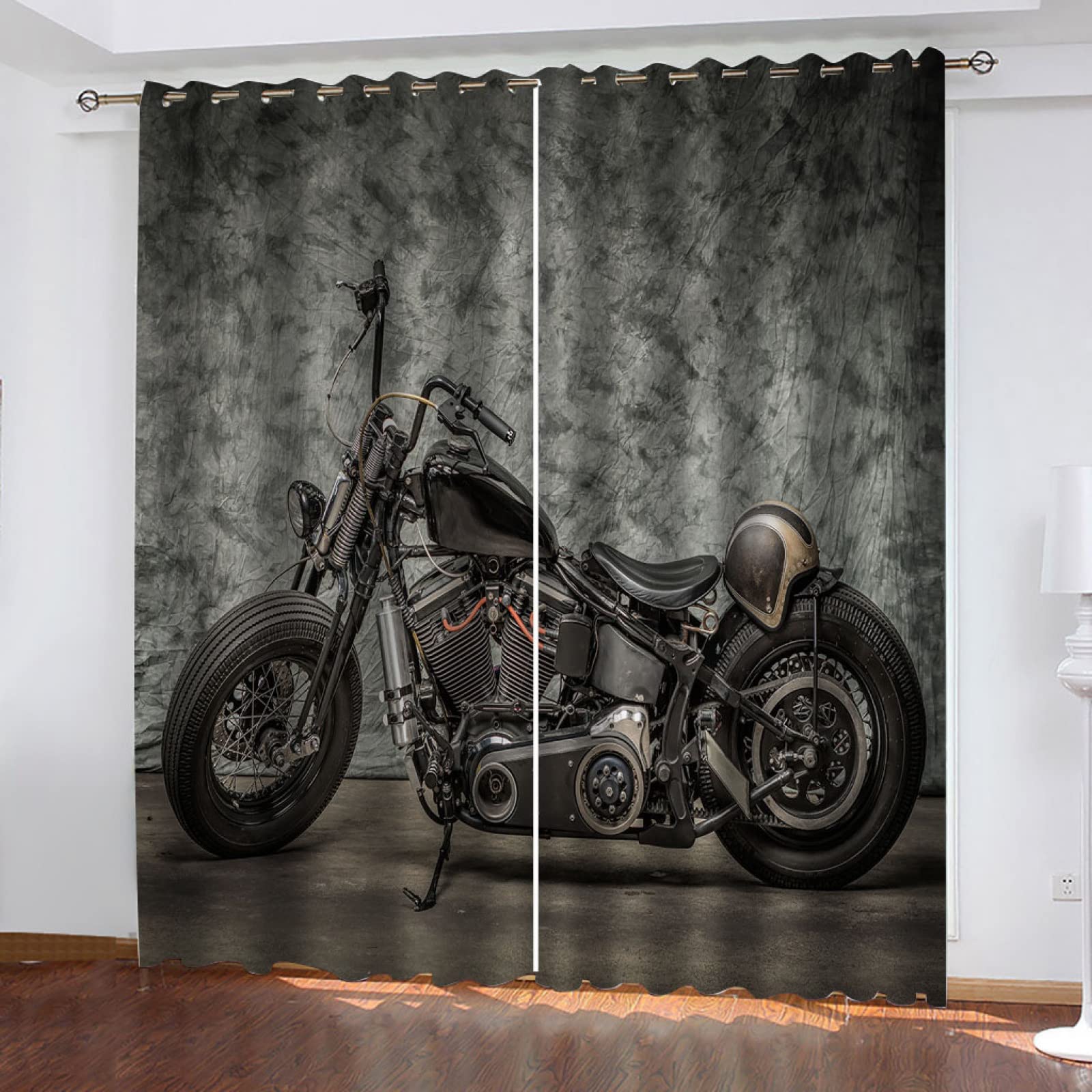 HOUKAI Kids Blackout Curtains For Bedroom, Vintage Nostalgic Motorbike 3D Pattern Eyelet Thermal Insulated Curtains For Nursery, Set Of 2 Panels, 2x42x63 Inch Curtains For Living Room For Boys Girls